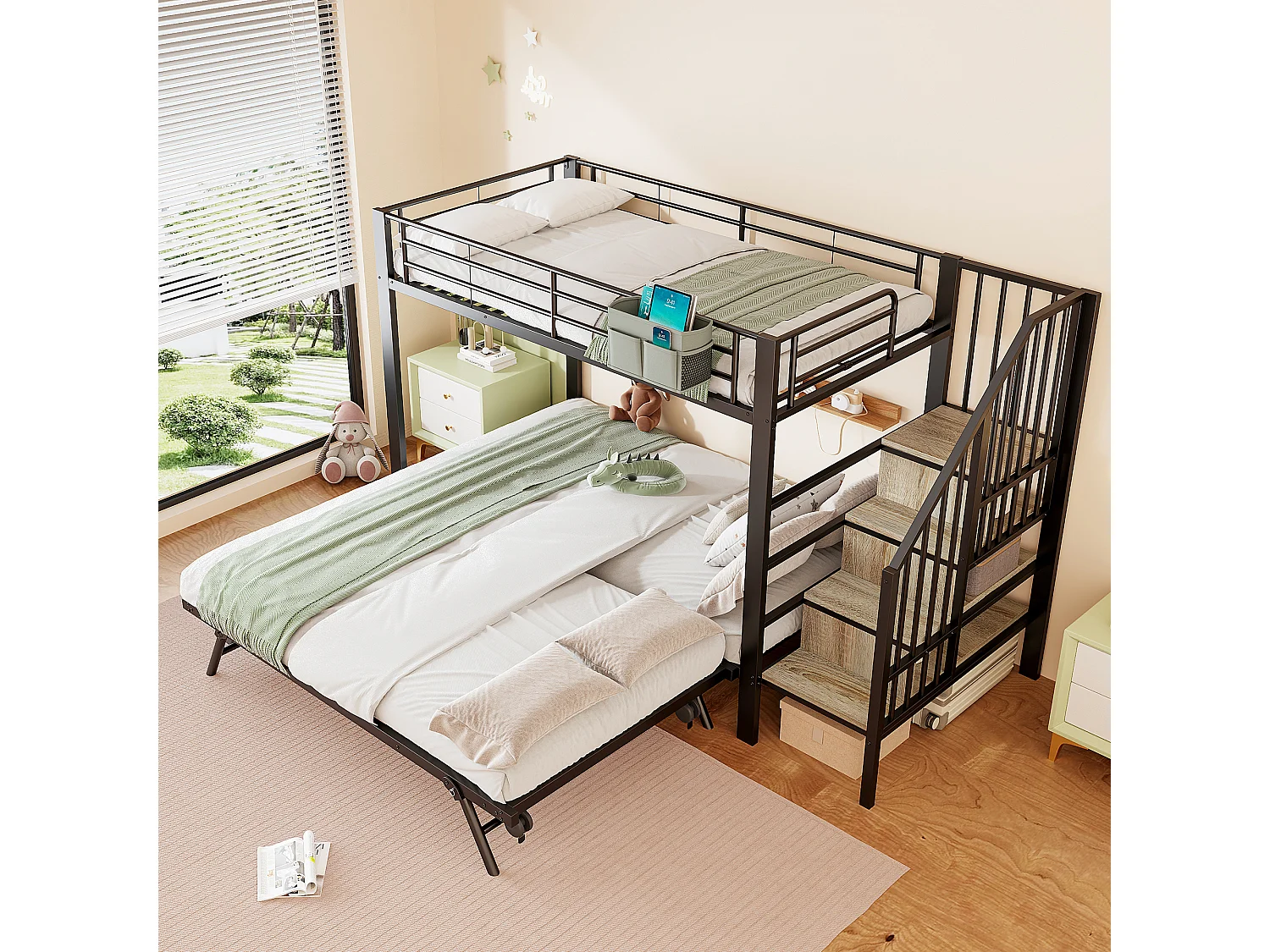 Etagenbett 90x200 + 180x200 cm - Nestbett - Aufbewahrungsbeutel - Sicherheitsleiter - Schwarz​ (Matratze nicht inbegriffen)