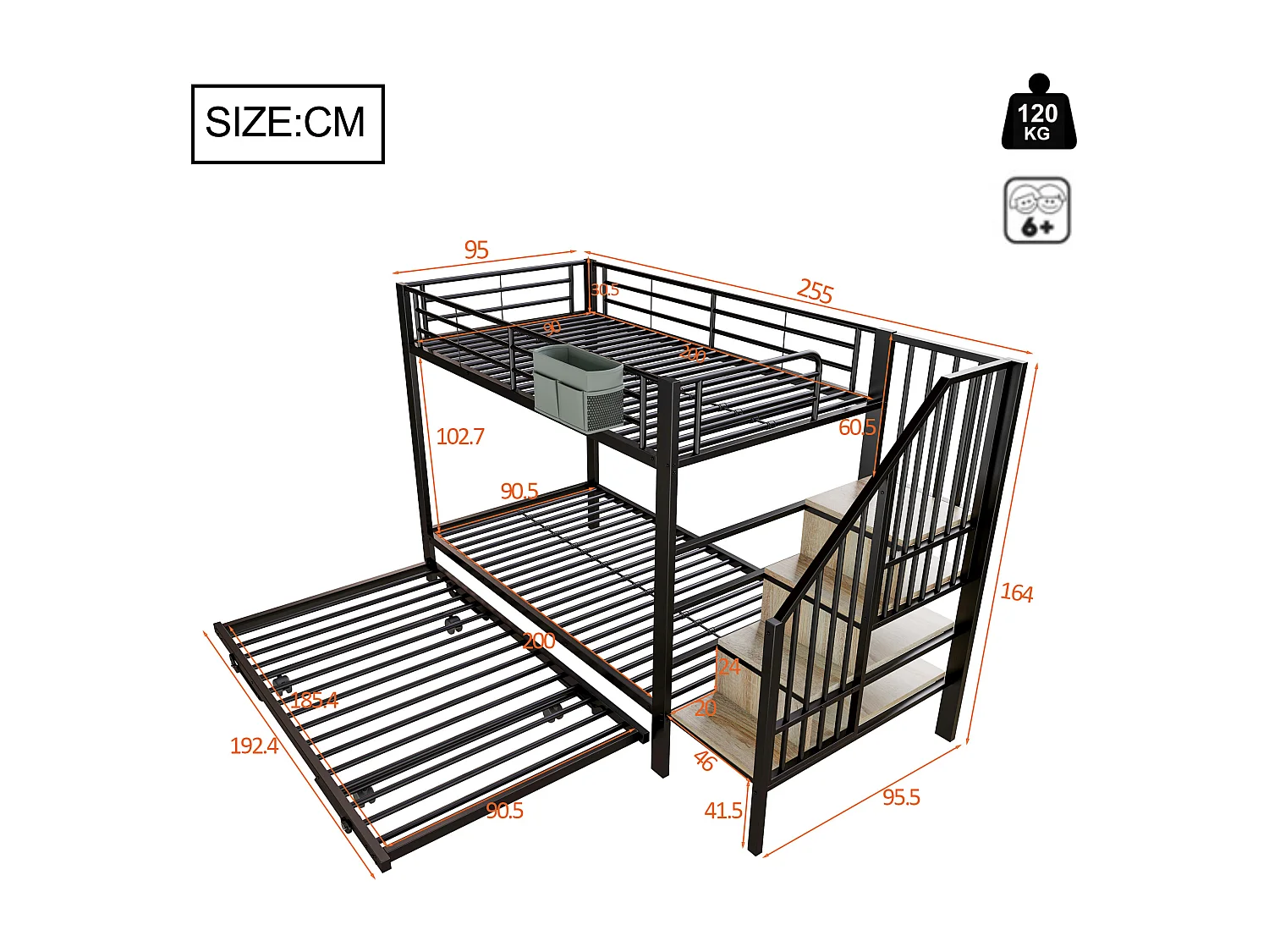 Etagenbett 90x200 + 180x200 cm - Nestbett - Aufbewahrungsbeutel - Sicherheitsleiter - Schwarz​ (Matratze nicht inbegriffen)