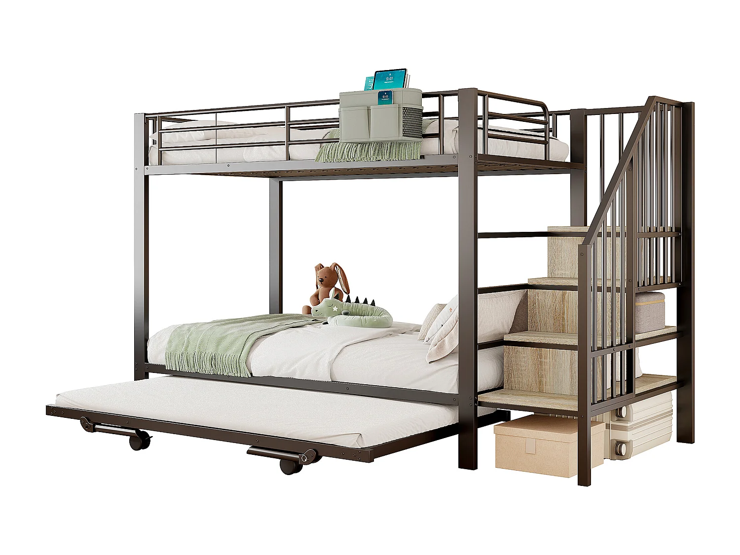 Etagenbett 90x200 + 180x200 cm - Nestbett - Aufbewahrungsbeutel - Sicherheitsleiter - Schwarz​ (Matratze nicht inbegriffen)