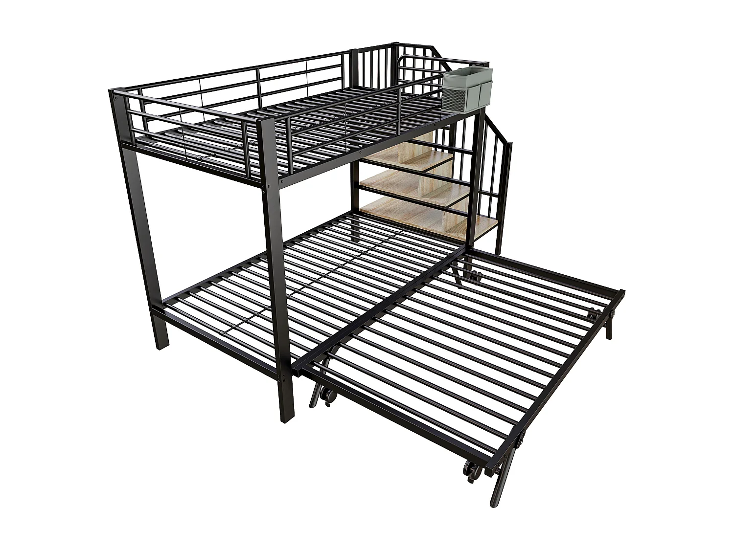 Etagenbett 90x200 + 180x200 cm - Nestbett - Aufbewahrungsbeutel - Sicherheitsleiter - Schwarz​ (Matratze nicht inbegriffen)