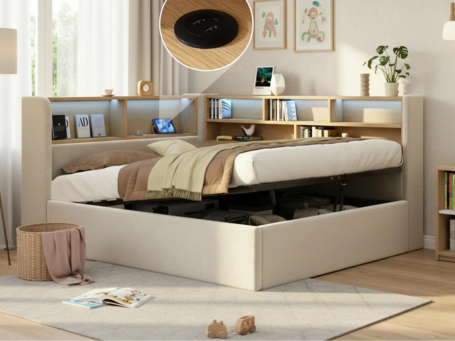 Canapé-lit coffre rembourré 140x190cm - Avec LED et port USB - Avec compartiments de rangement - Tissu velours - Beige (Matelas non inclus)