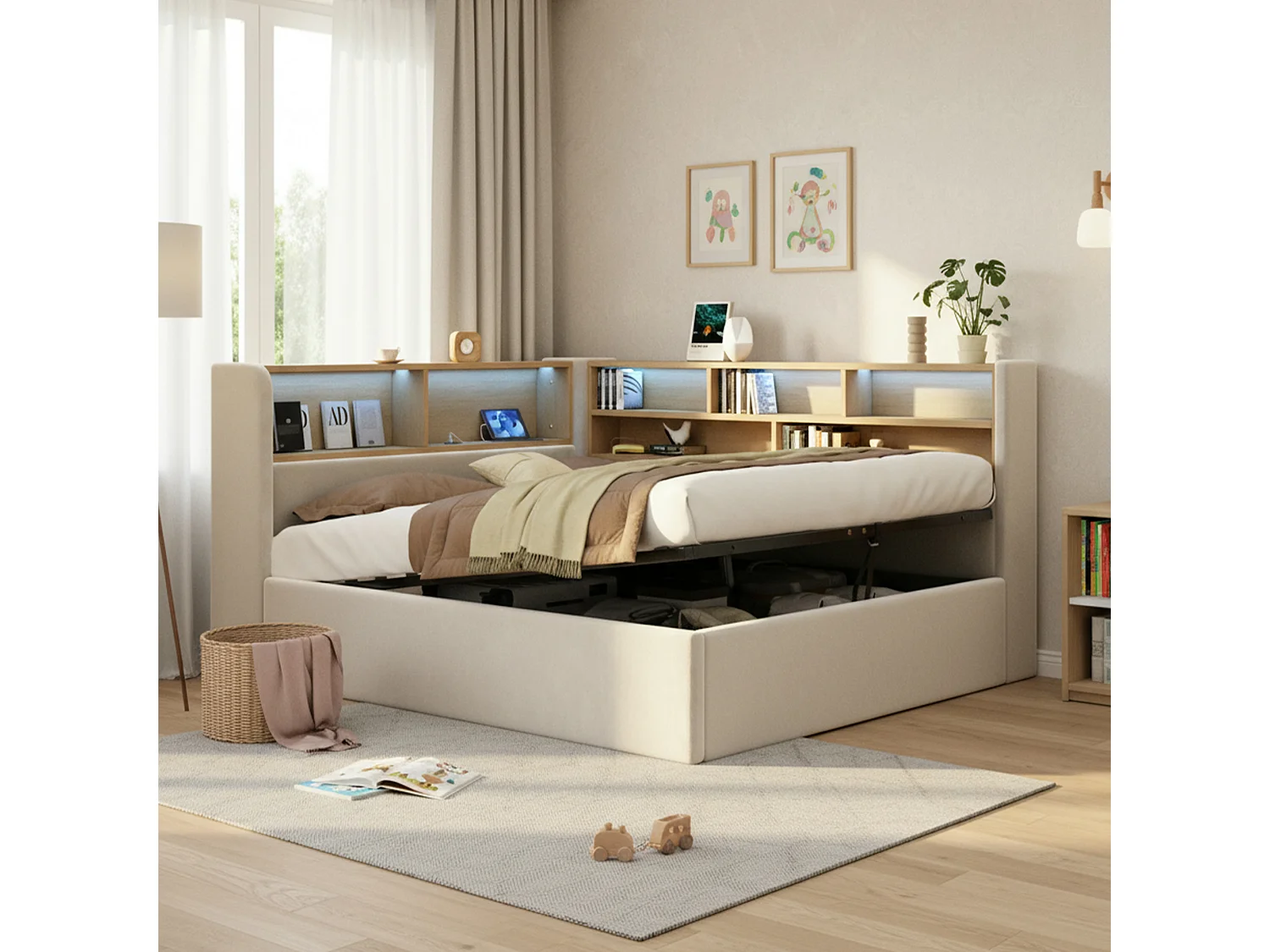 Canapé-lit coffre rembourré 140x190cm - Avec LED et port USB - Avec compartiments de rangement - Tissu velours - Beige (Matelas non inclus)