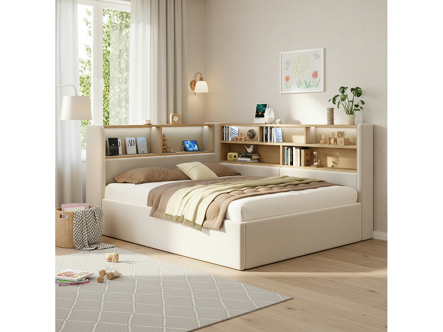 Canapé-lit coffre rembourré 140x190cm - Avec LED et port USB - Avec compartiments de rangement - Tissu velours - Beige (Matelas non inclus)
