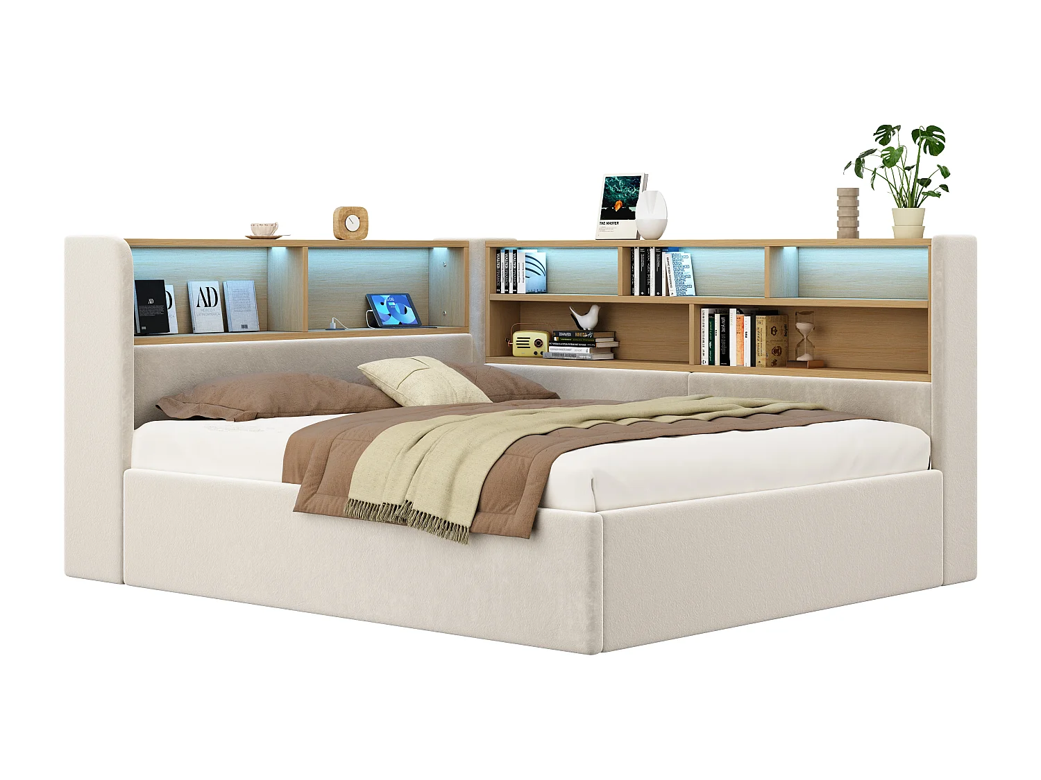 Canapé-lit coffre rembourré 140x190cm - Avec LED et port USB - Avec compartiments de rangement - Tissu velours - Beige (Matelas non inclus)