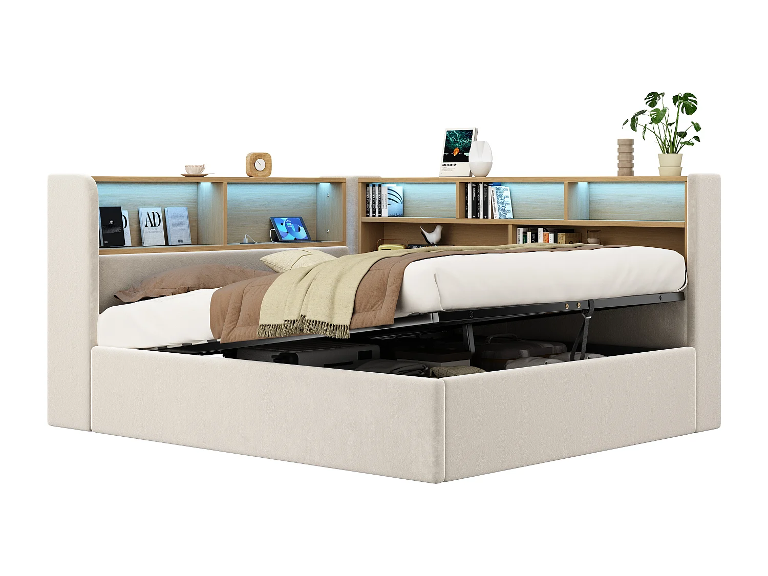 Canapé-lit coffre rembourré 140x190cm - Avec LED et port USB - Avec compartiments de rangement - Tissu velours - Beige (Matelas non inclus)