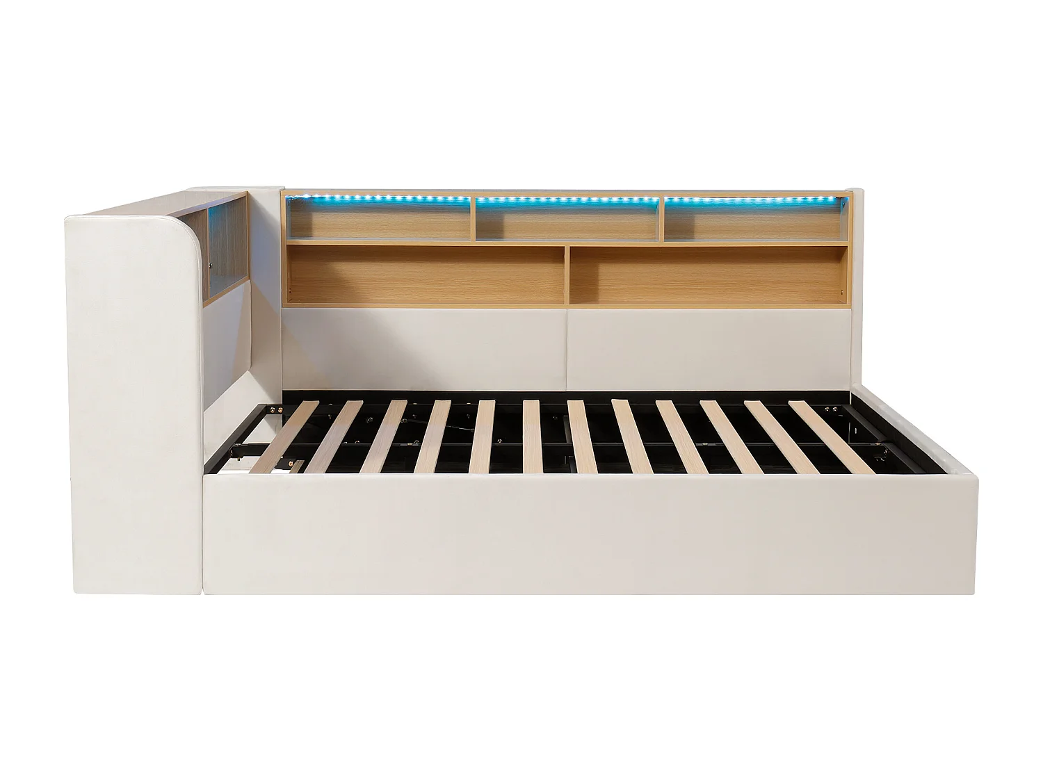 Canapé-lit coffre rembourré 140x190cm - Avec LED et port USB - Avec compartiments de rangement - Tissu velours - Beige (Matelas non inclus)