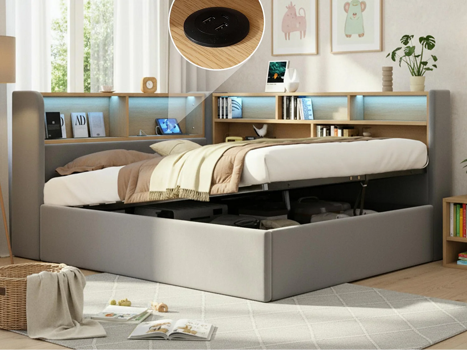 Canapé-lit coffre rembourré 140x200cm - Avec LED et port USB - Avec compartiments de rangement - Tissu velours - Gris (Matelas non inclus)