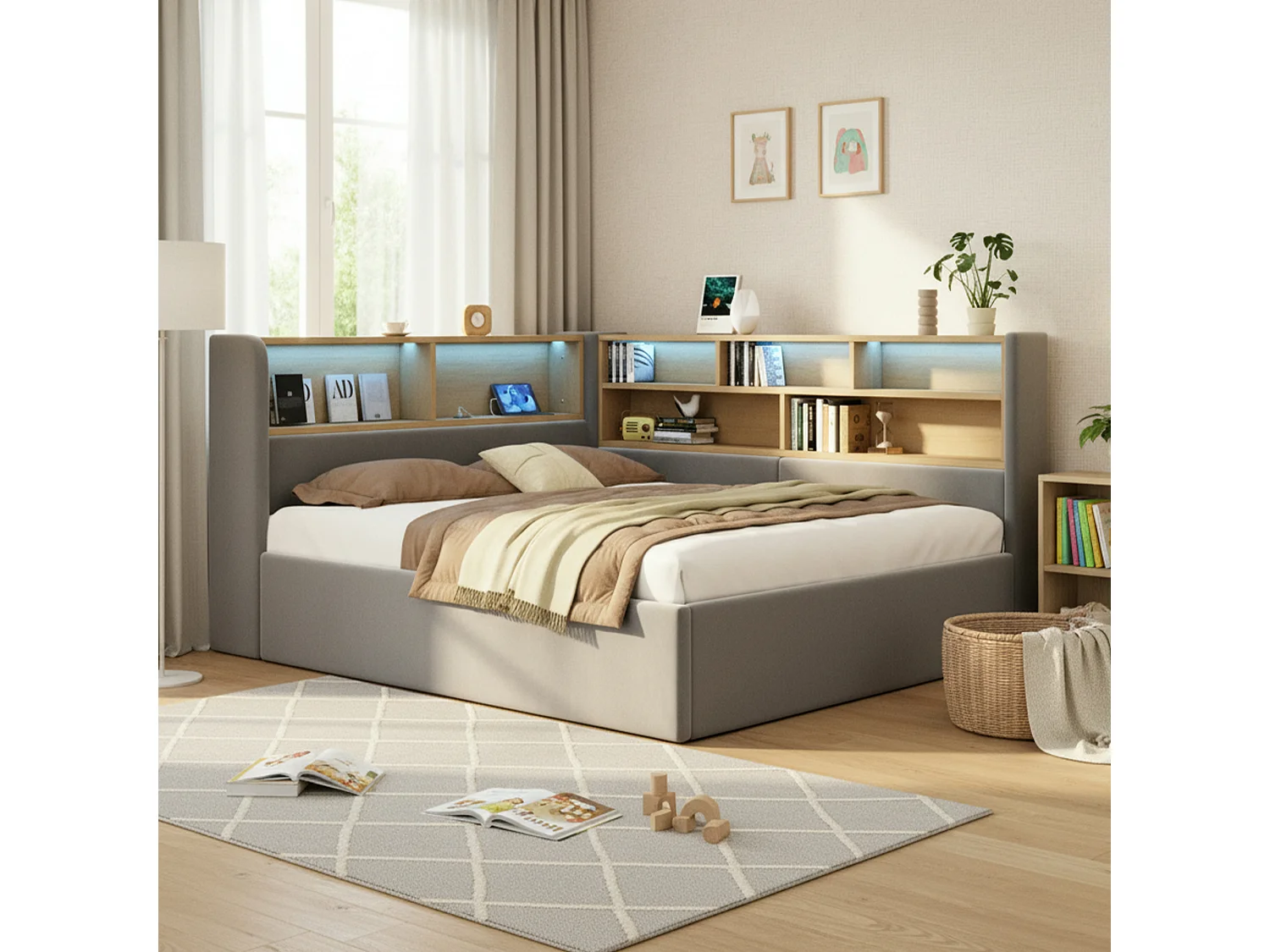 Canapé-lit coffre rembourré 140x200cm - Avec LED et port USB - Avec compartiments de rangement - Tissu velours - Gris (Matelas non inclus)