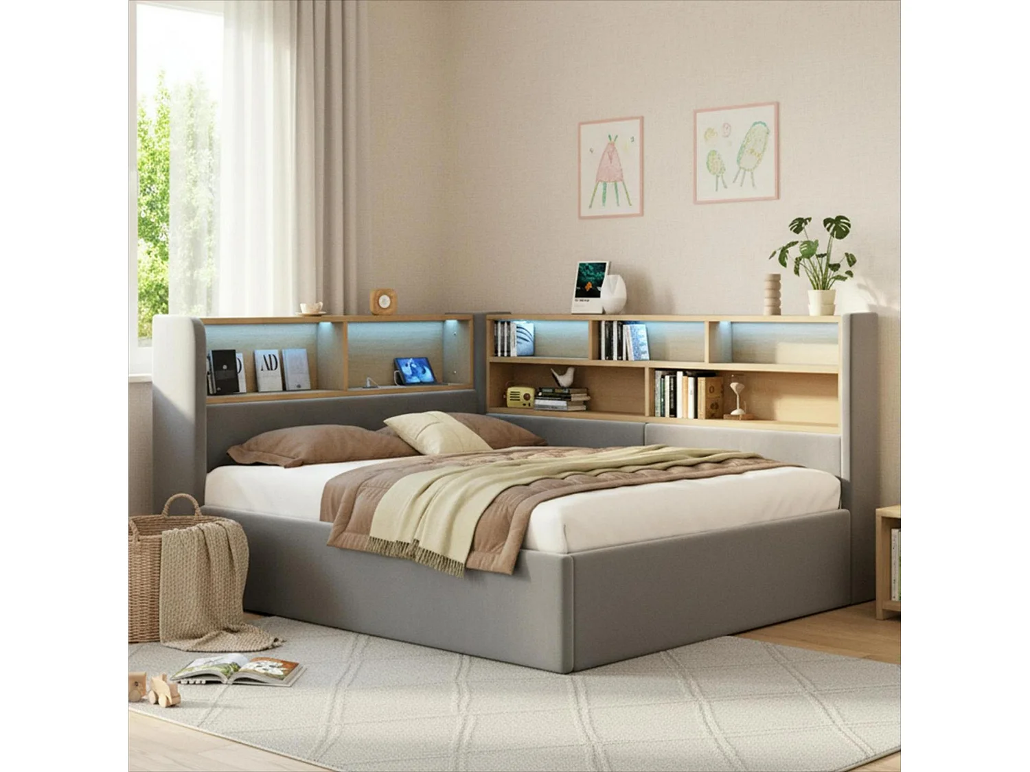 Canapé-lit coffre rembourré 140x200cm - Avec LED et port USB - Avec compartiments de rangement - Tissu velours - Gris (Matelas non inclus)