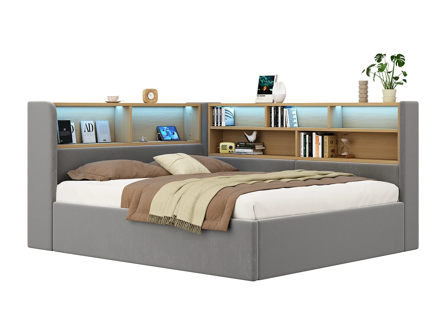 Canapé-lit coffre rembourré 140x200cm - Avec LED et port USB - Avec compartiments de rangement - Tissu velours - Gris (Matelas non inclus)