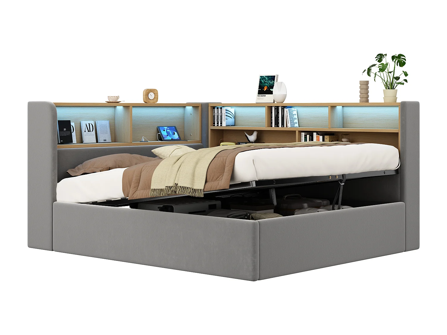 Canapé-lit coffre rembourré 140x200cm - Avec LED et port USB - Avec compartiments de rangement - Tissu velours - Gris (Matelas non inclus)