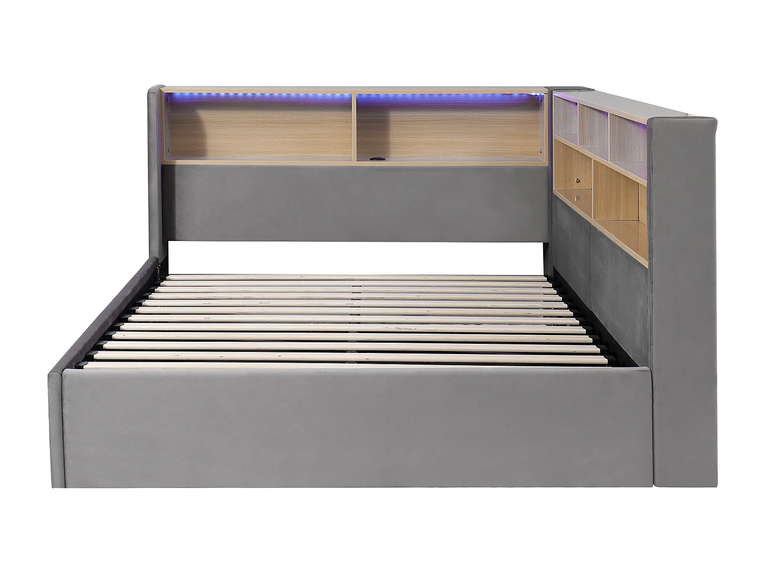 Canapé-lit coffre rembourré 140x200cm - Avec LED et port USB - Avec compartiments de rangement - Tissu velours - Gris (Matelas non inclus)