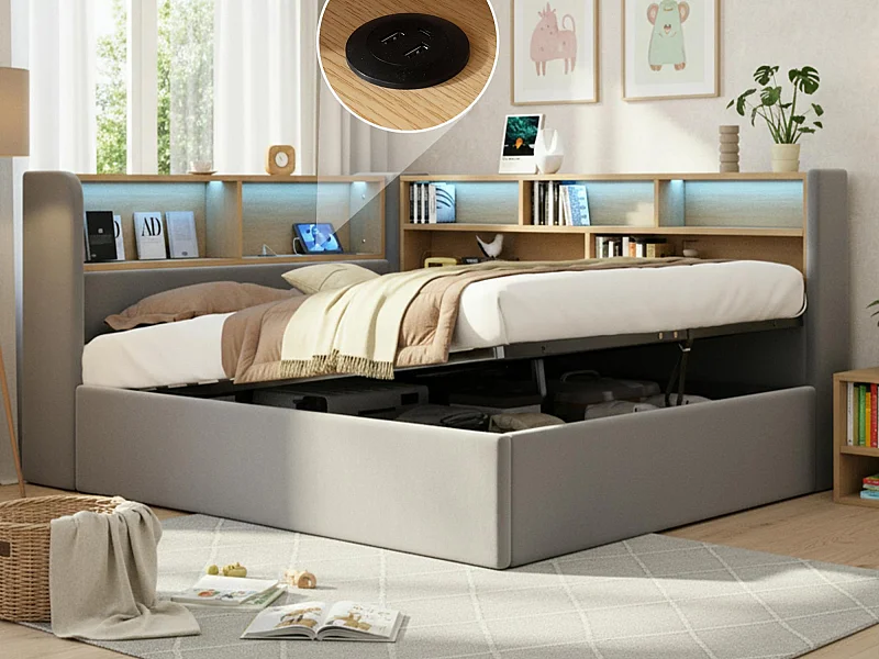 Canapé-lit coffre rembourré 140x200cm - Avec LED et port USB - Avec compartiments de rangement - Tissu velours - Gris (Matelas non inclus)