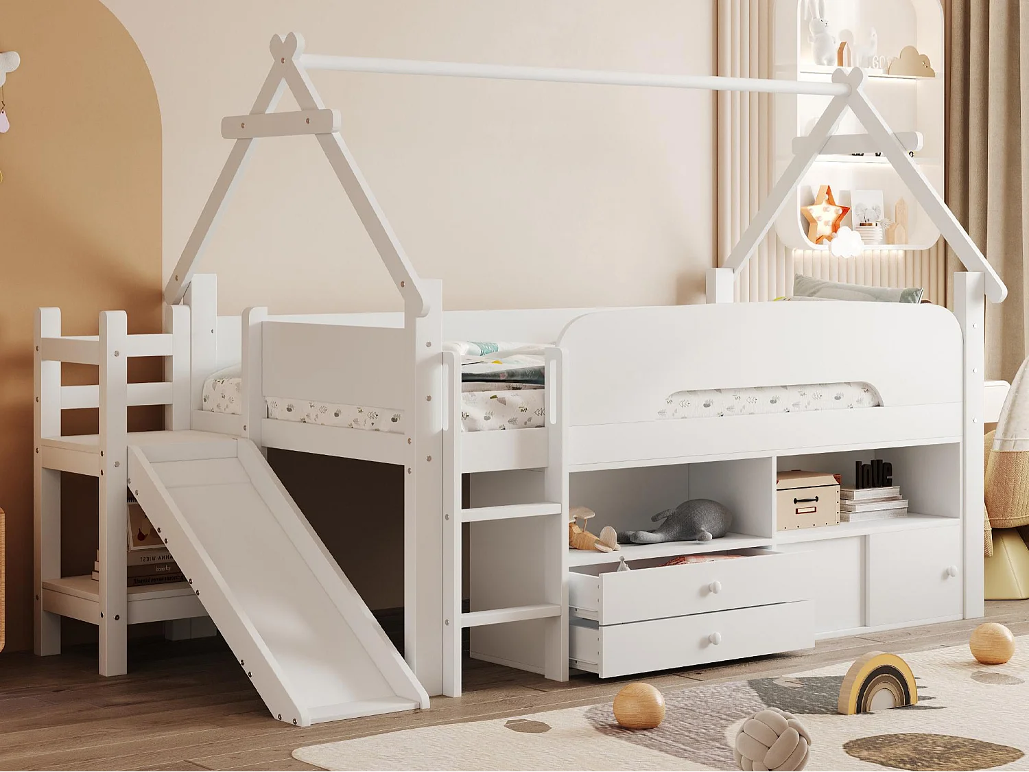 Lit cabane enfant 90x200 cm - avec toboggan de sécurité - avec 2 tiroirs - avec barrières de sécurité - Blanc (matelas non inclus)