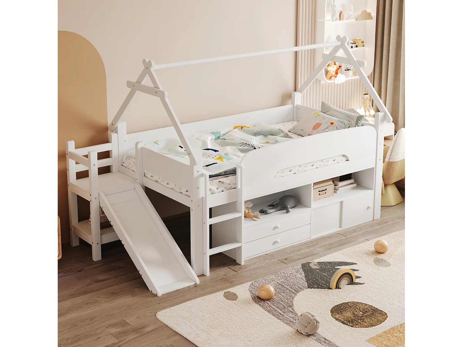 Lit cabane enfant 90x200 cm - avec toboggan de sécurité - avec 2 tiroirs - avec barrières de sécurité - Blanc (matelas non inclus)