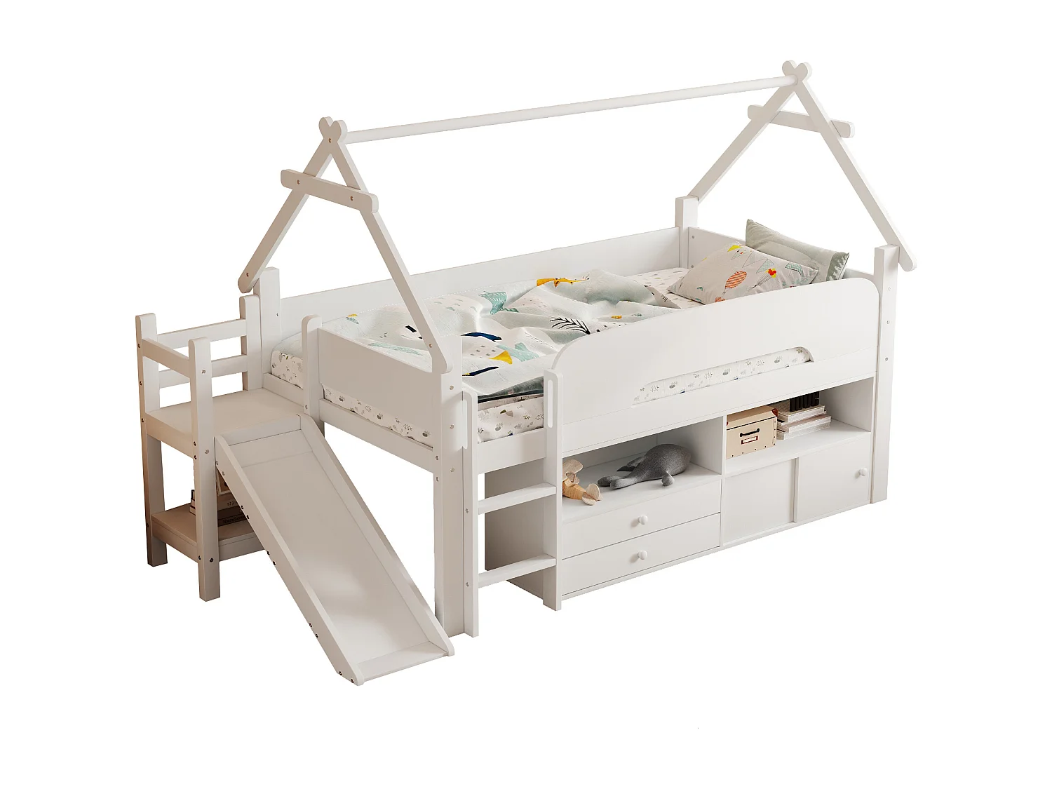 Lit cabane enfant 90x200 cm - avec toboggan de sécurité - avec 2 tiroirs - avec barrières de sécurité - Blanc (matelas non inclus)