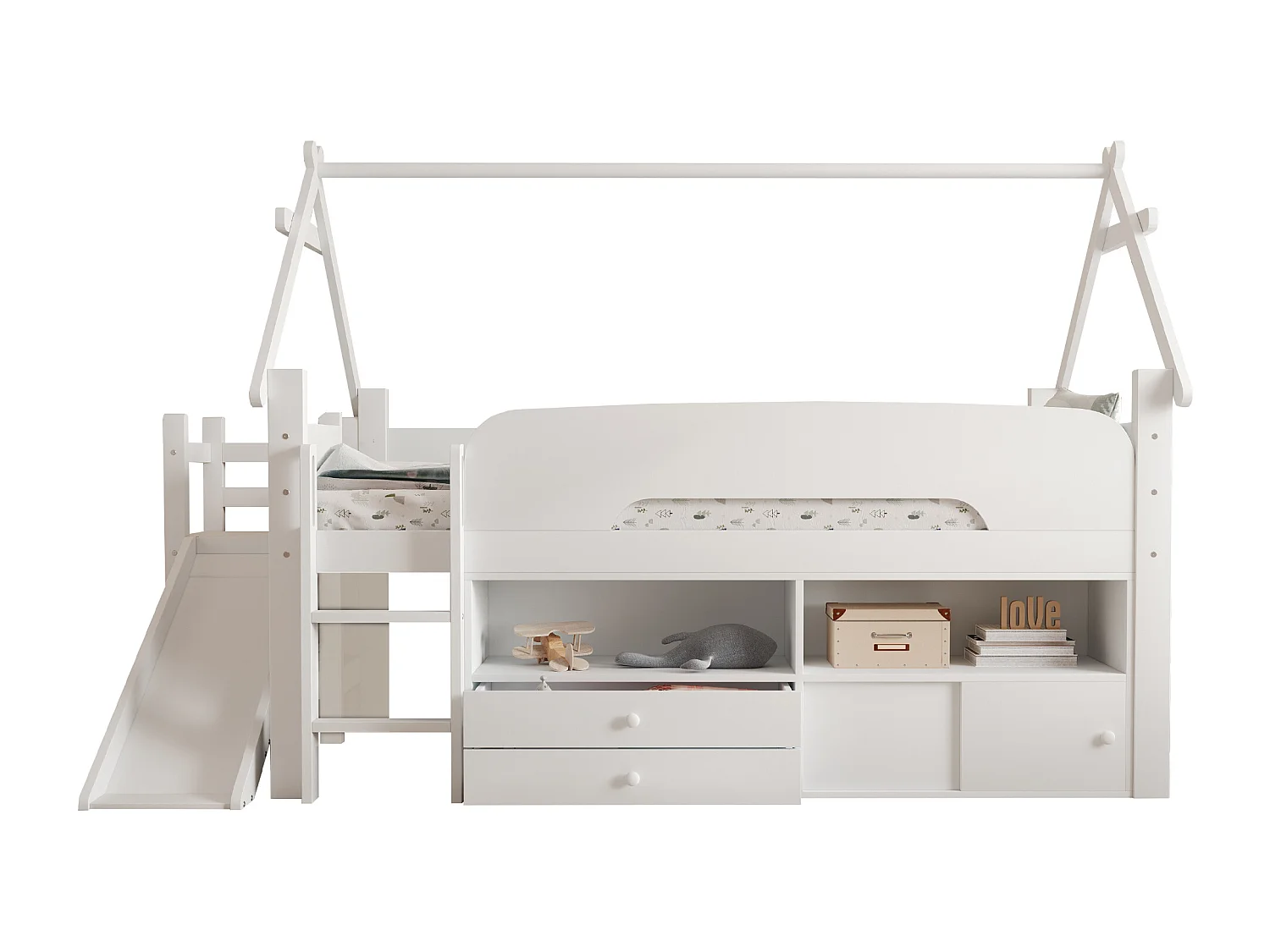 Lit cabane enfant 90x200 cm - avec toboggan de sécurité - avec 2 tiroirs - avec barrières de sécurité - Blanc (matelas non inclus)