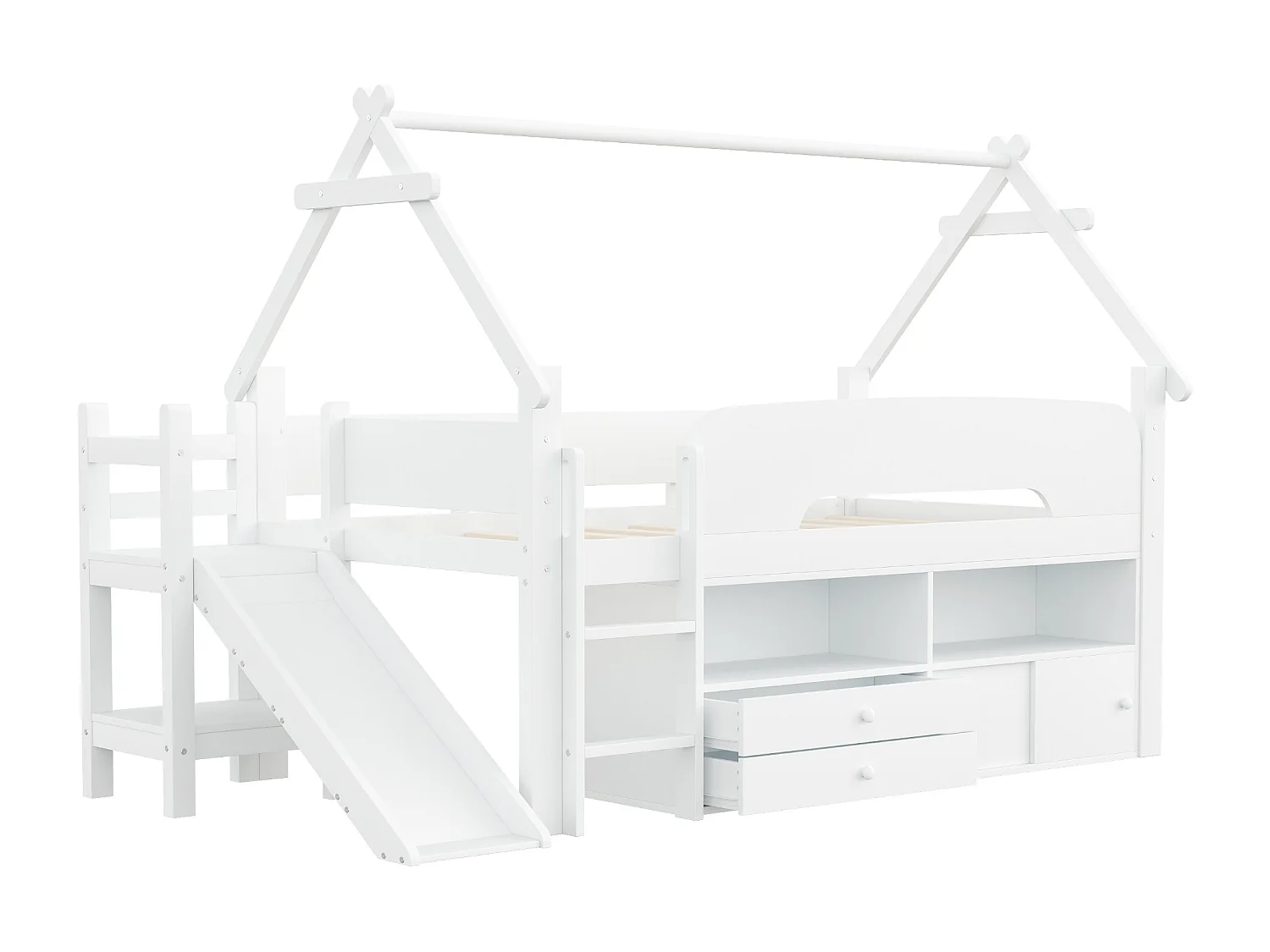 Lit cabane enfant 90x200 cm - avec toboggan de sécurité - avec 2 tiroirs - avec barrières de sécurité - Blanc (matelas non inclus)