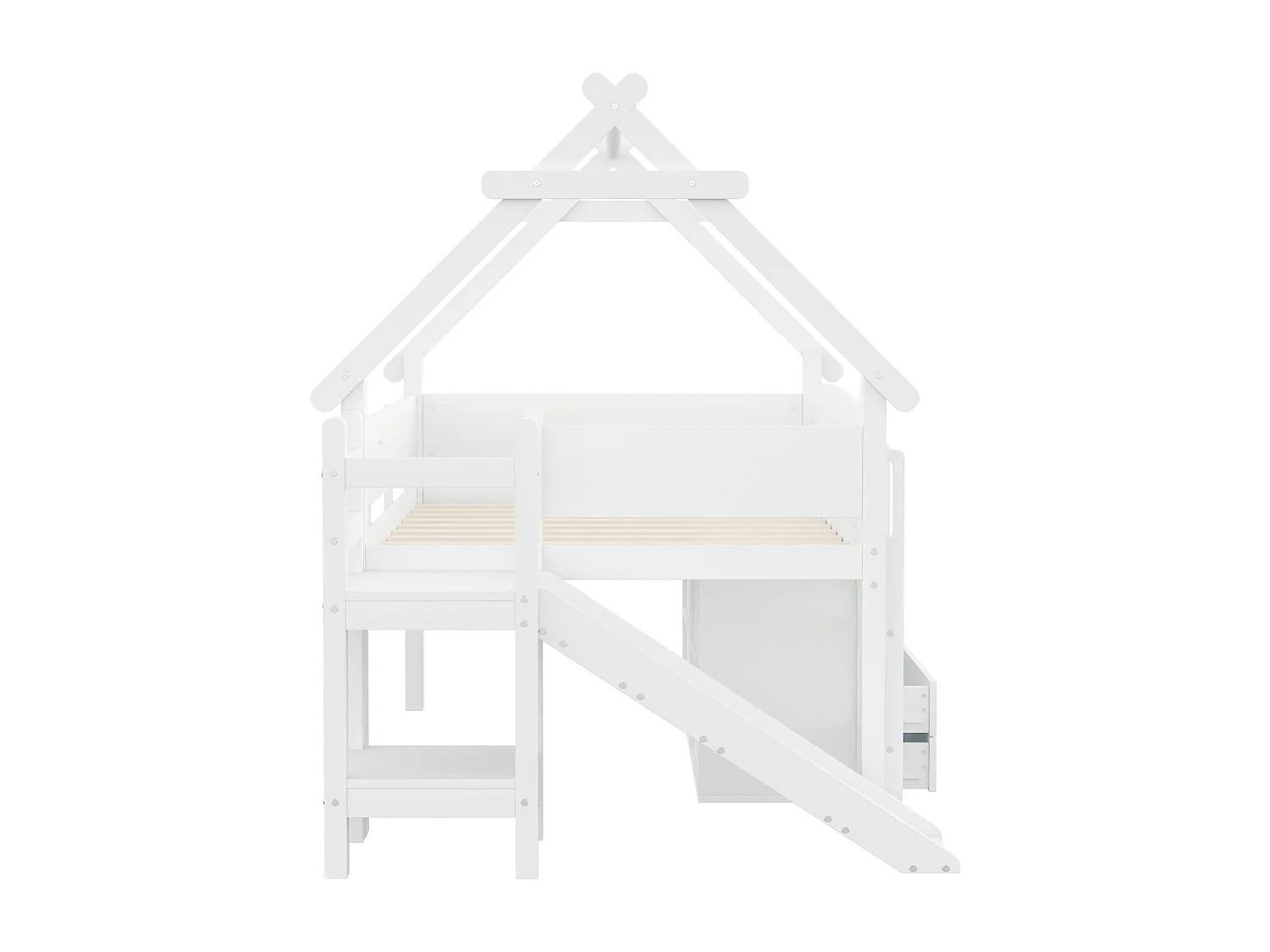 Lit cabane enfant 90x200 cm - avec toboggan de sécurité - avec 2 tiroirs - avec barrières de sécurité - Blanc (matelas non inclus)