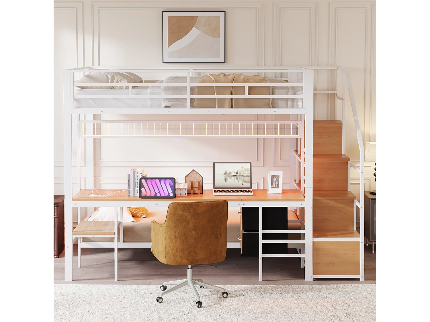 Lit superposé en métal 90x200cm + 140x200cm - avec bureau - éclairage LED - avec prise électrique - avec 2 tiroirs - blanc (matelas non inclus)