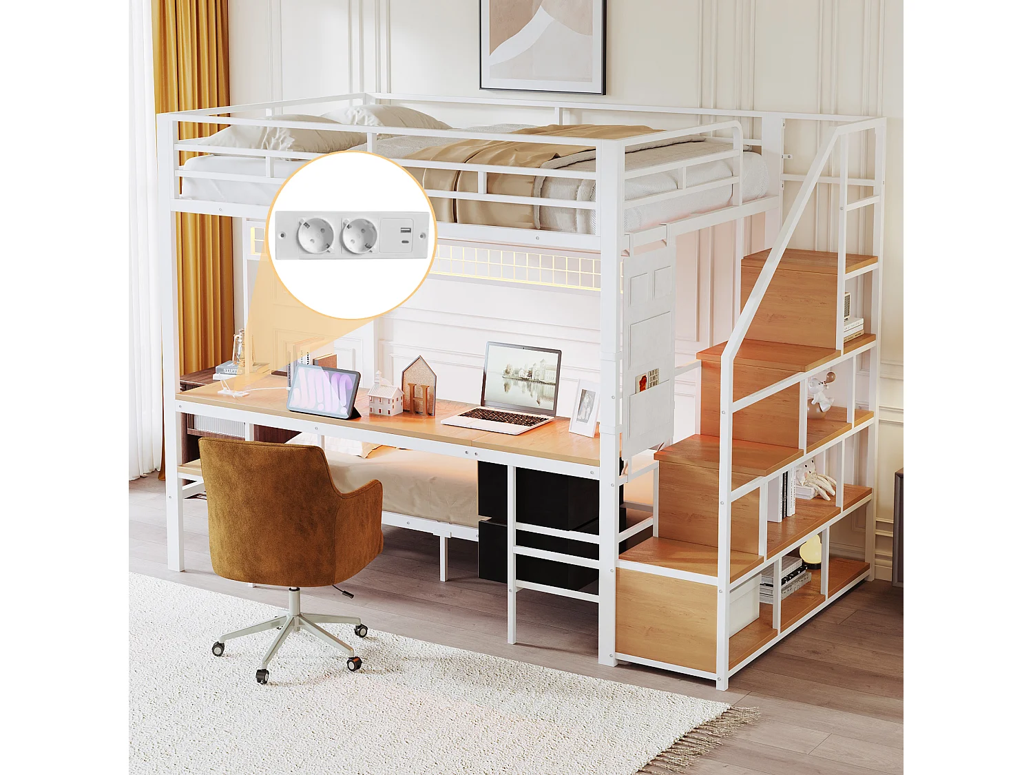 Lit superposé en métal 90x200cm + 140x200cm - avec bureau - éclairage LED - avec prise électrique - avec 2 tiroirs - blanc (matelas non inclus)