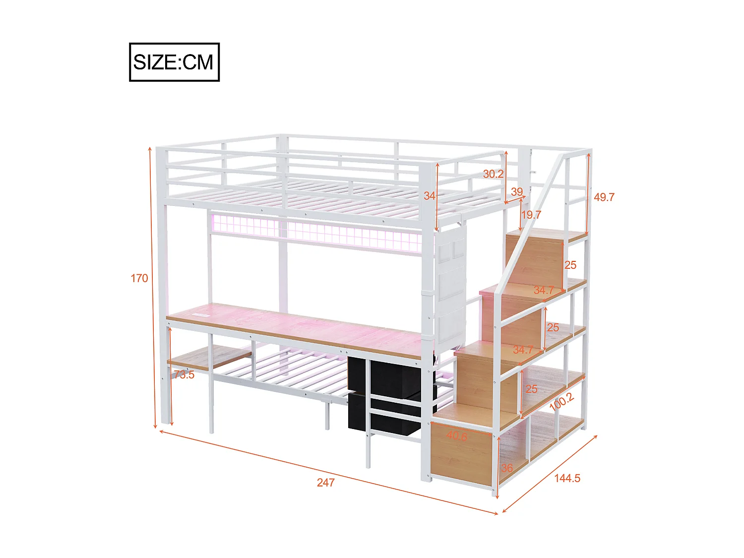 Lit superposé en métal 90x200cm + 140x200cm - avec bureau - éclairage LED - avec prise électrique - avec 2 tiroirs - blanc (matelas non inclus)