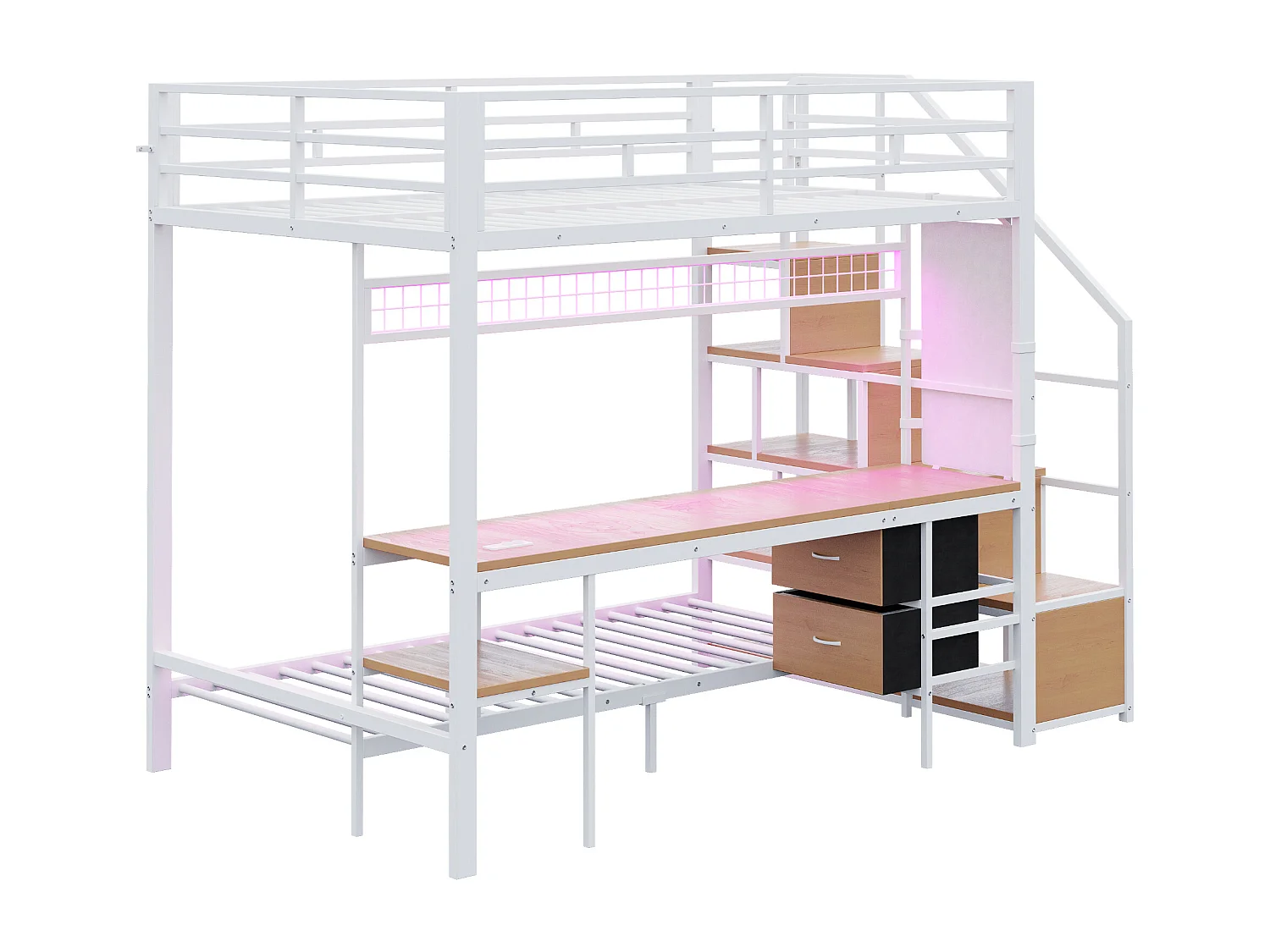 Lit superposé en métal 90x200cm + 140x200cm - avec bureau - éclairage LED - avec prise électrique - avec 2 tiroirs - blanc (matelas non inclus)