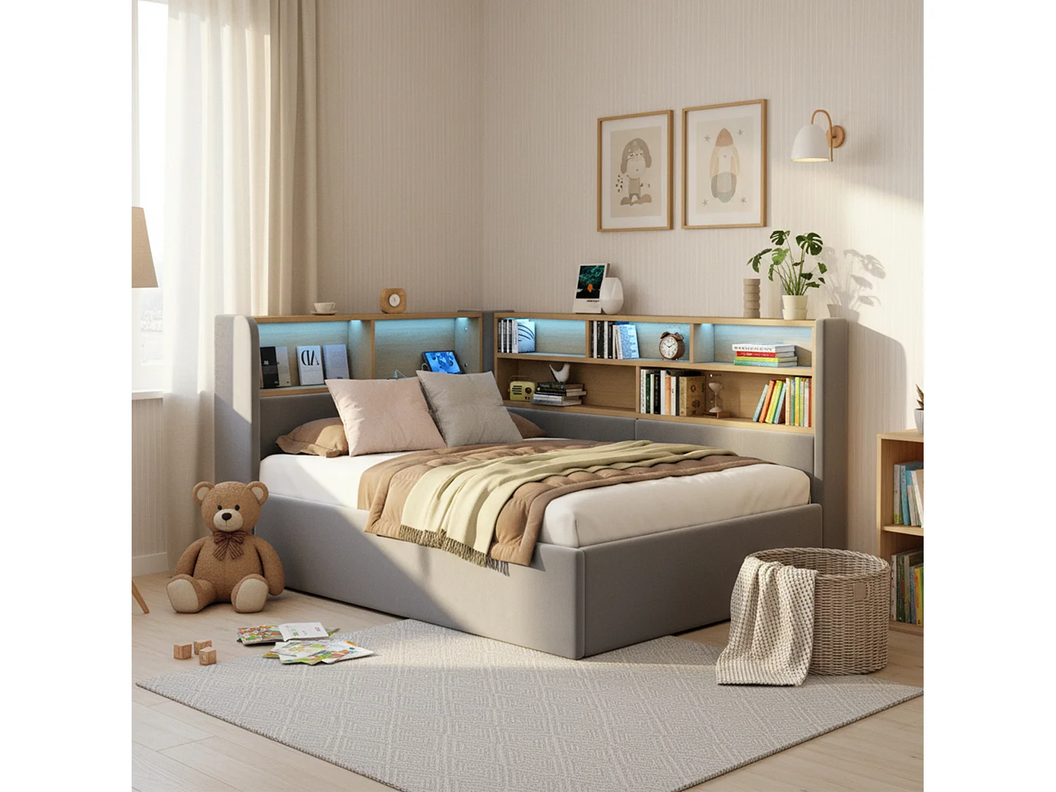 Canapé-lit coffre rembourré 90x200cm - Avec LED et port USB - Avec compartiments de rangement - Tissu velours - Gris (Matelas non inclus)