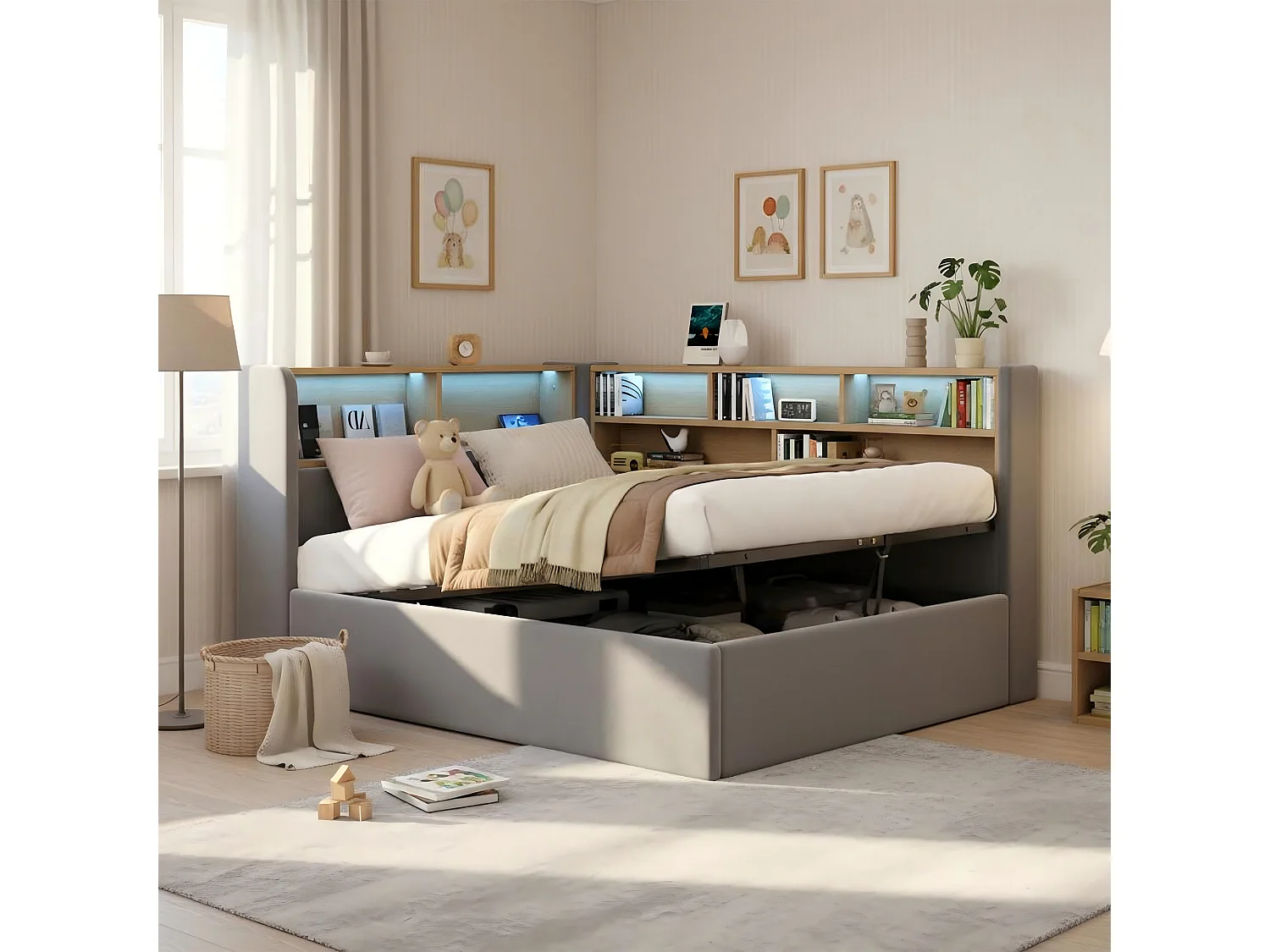 Canapé-lit coffre rembourré 90x200cm - Avec LED et port USB - Avec compartiments de rangement - Tissu velours - Gris (Matelas non inclus)