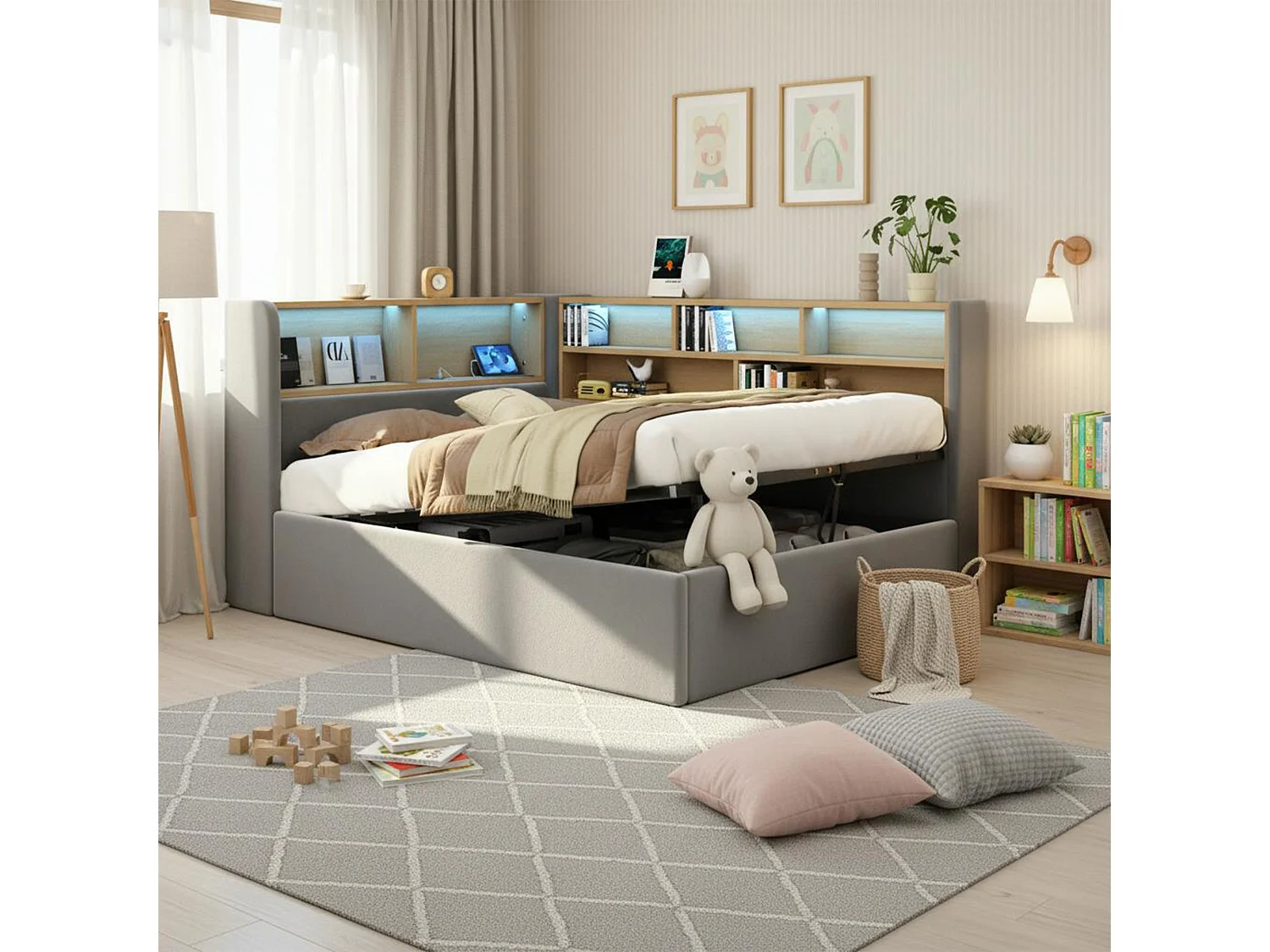 Canapé-lit coffre rembourré 90x200cm - Avec LED et port USB - Avec compartiments de rangement - Tissu velours - Gris (Matelas non inclus)