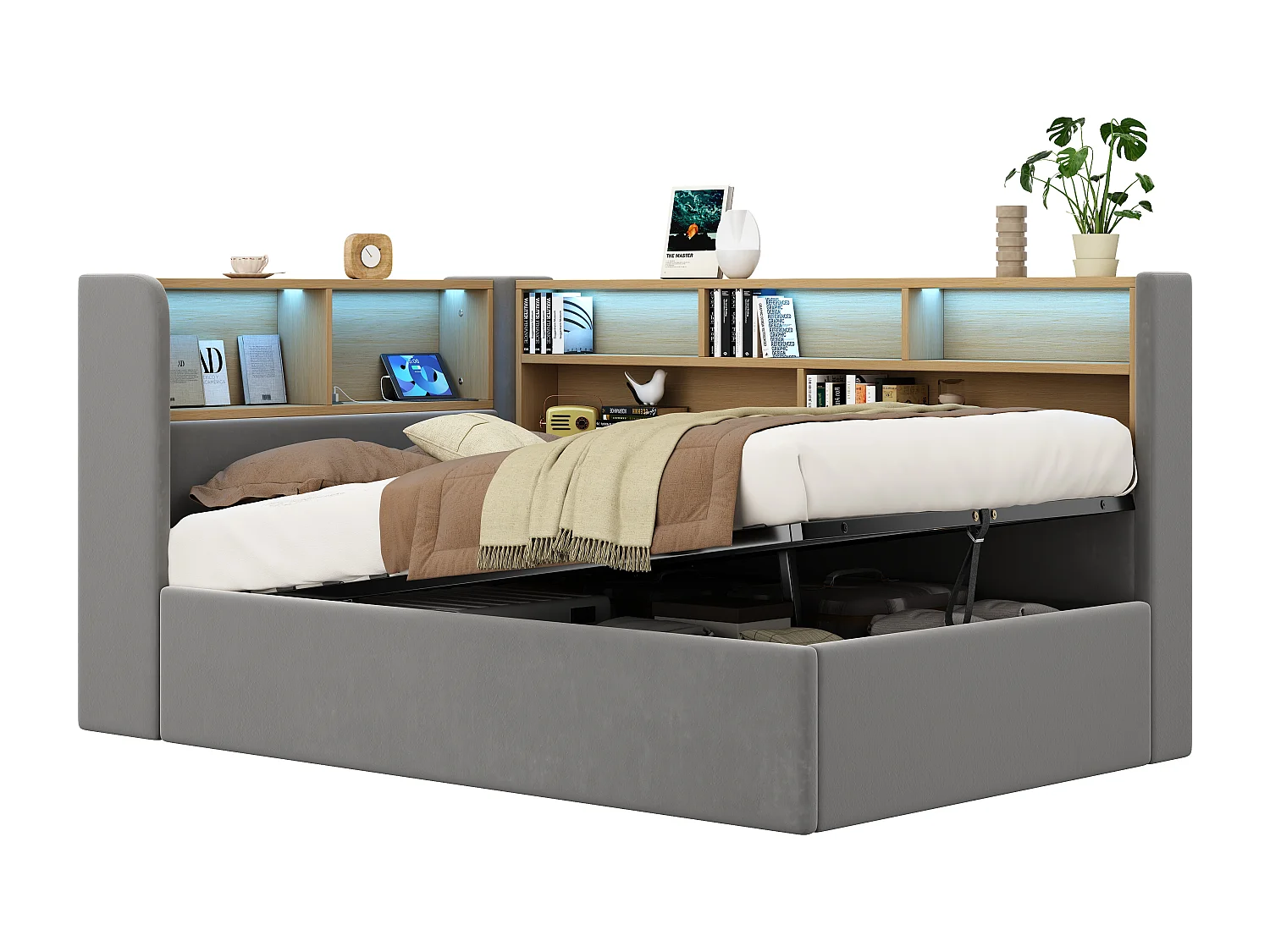 Canapé-lit coffre rembourré 90x200cm - Avec LED et port USB - Avec compartiments de rangement - Tissu velours - Gris (Matelas non inclus)
