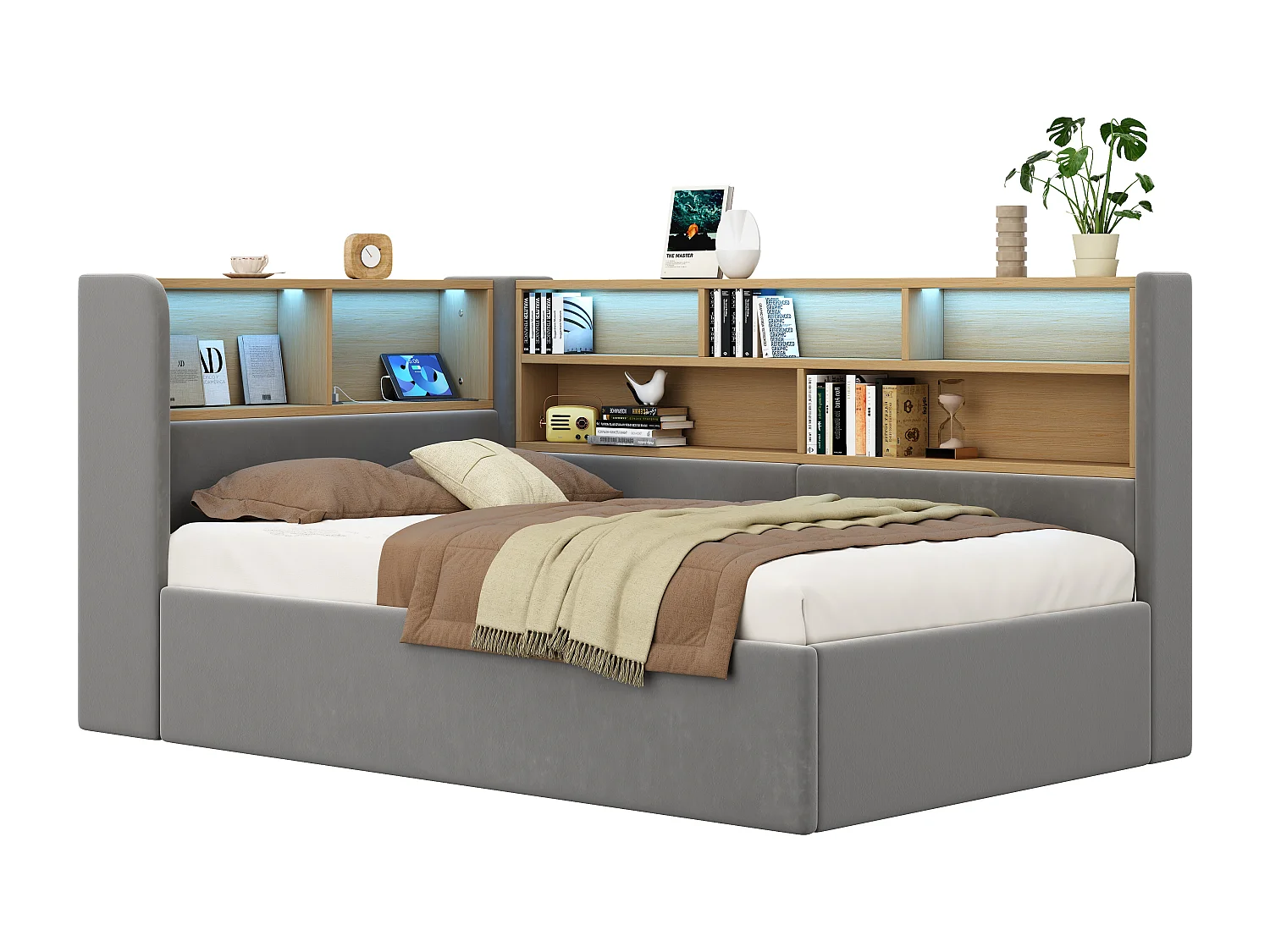 Canapé-lit coffre rembourré 90x200cm - Avec LED et port USB - Avec compartiments de rangement - Tissu velours - Gris (Matelas non inclus)