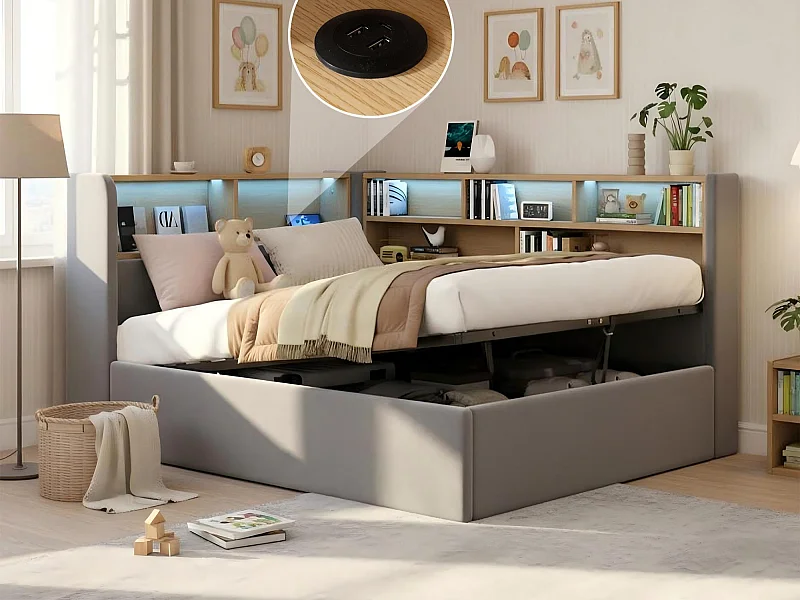 Canapé-lit coffre rembourré 90x200cm - Avec LED et port USB - Avec compartiments de rangement - Tissu velours - Gris (Matelas non inclus)