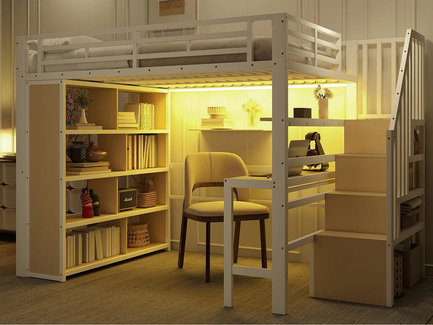 Lit mezzanine 140x200 cm - avec bureau + compartiments de rangement - avec bande lumineuse LED - avec escalier - Blanc (matelas non inclus)