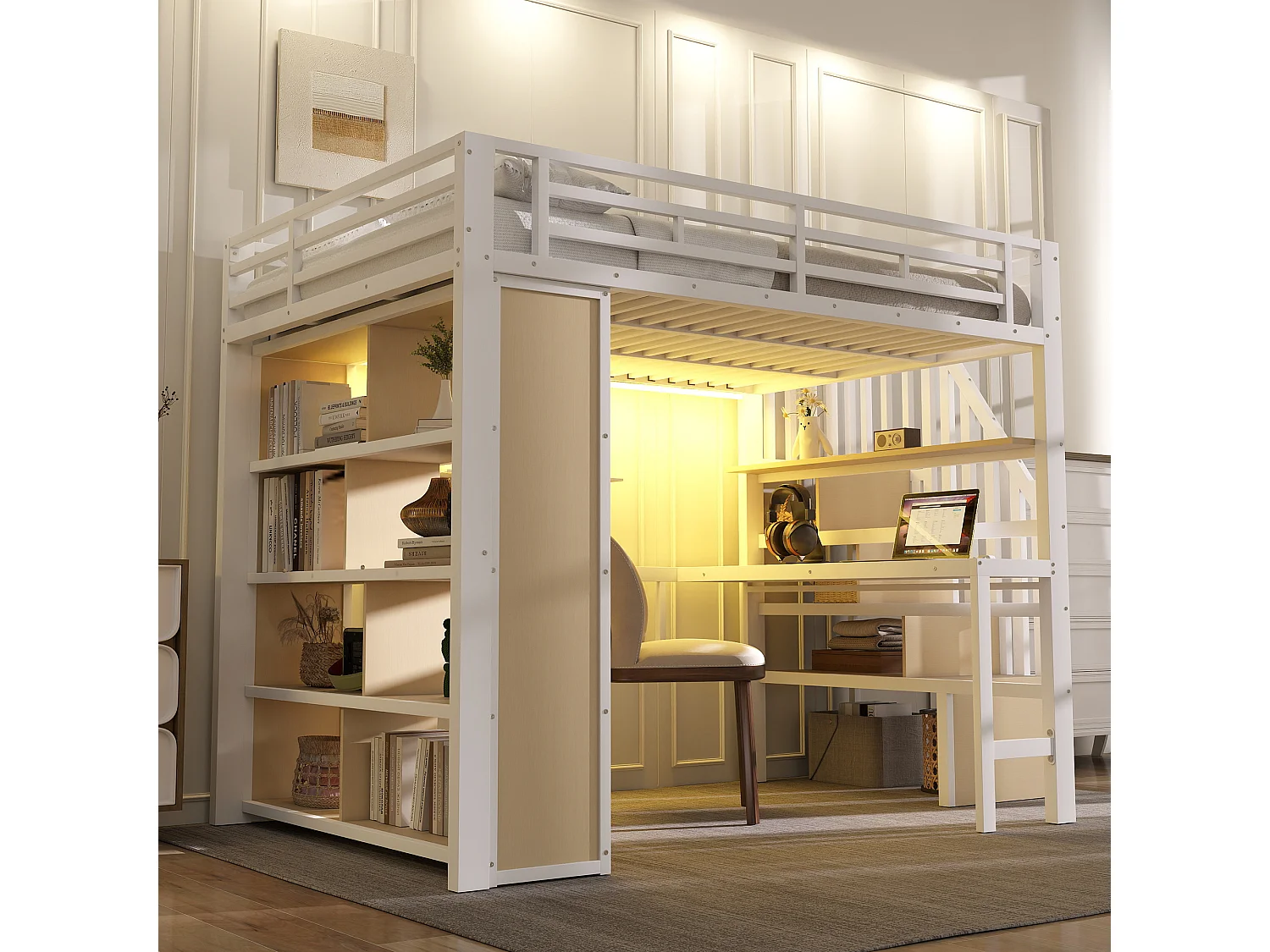 Lit mezzanine 140x200 cm - avec bureau + compartiments de rangement - avec bande lumineuse LED - avec escalier - Blanc (matelas non inclus)