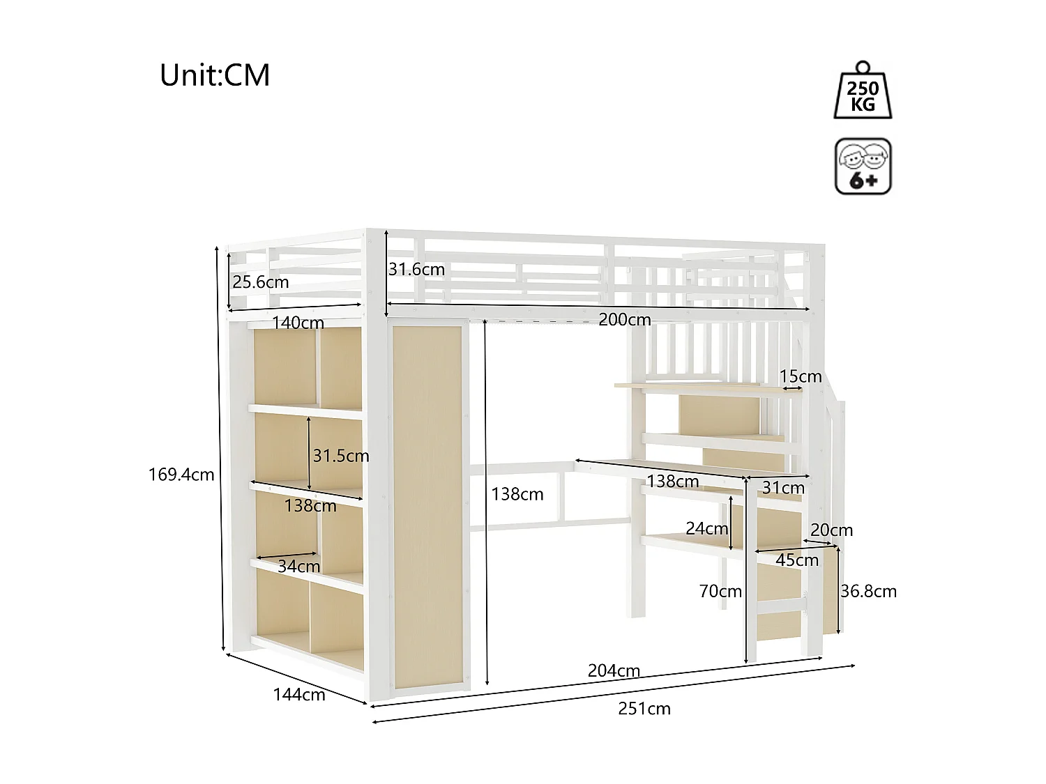 Lit mezzanine 140x200 cm - avec bureau + compartiments de rangement - avec bande lumineuse LED - avec escalier - Blanc (matelas non inclus)