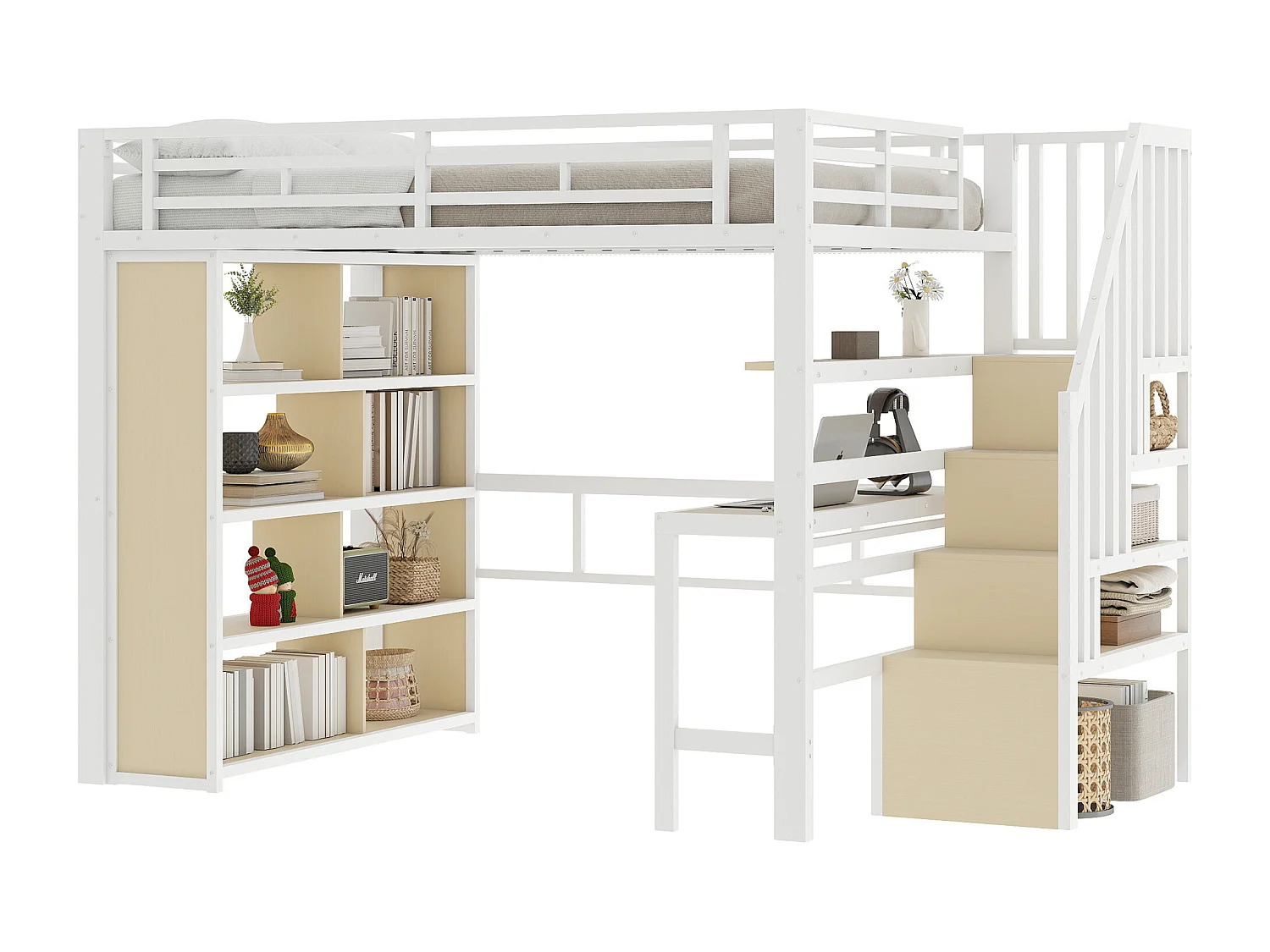 Lit mezzanine 140x200 cm - avec bureau + compartiments de rangement - avec bande lumineuse LED - avec escalier - Blanc (matelas non inclus)