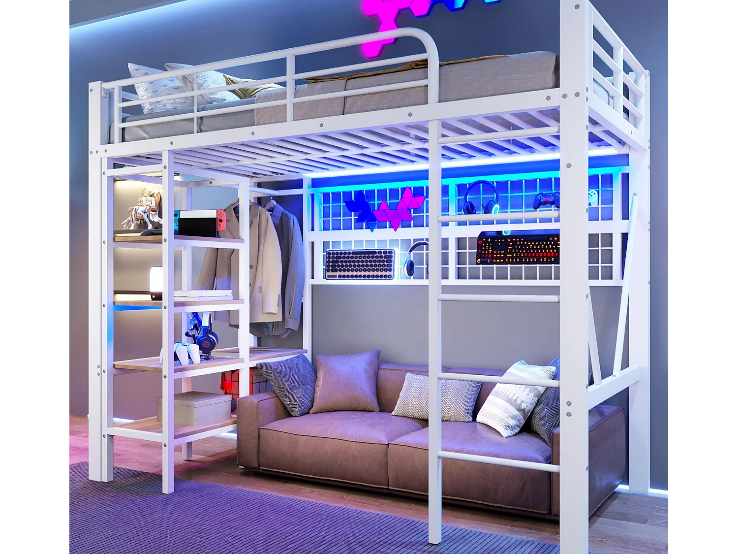 Lit mezzanine 90x200 cm - Structure en fer - avec compartiments de rangement - avec éclairage LED - Blanc (matelas non inclus)