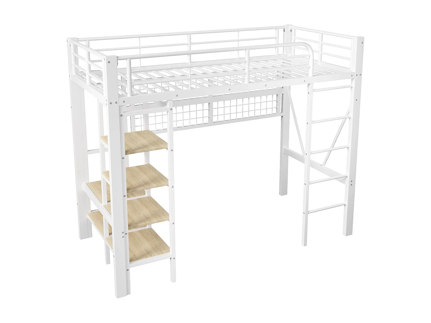 Lit mezzanine 90x200 cm - Structure en fer - avec compartiments de rangement - avec éclairage LED - Blanc (matelas non inclus)