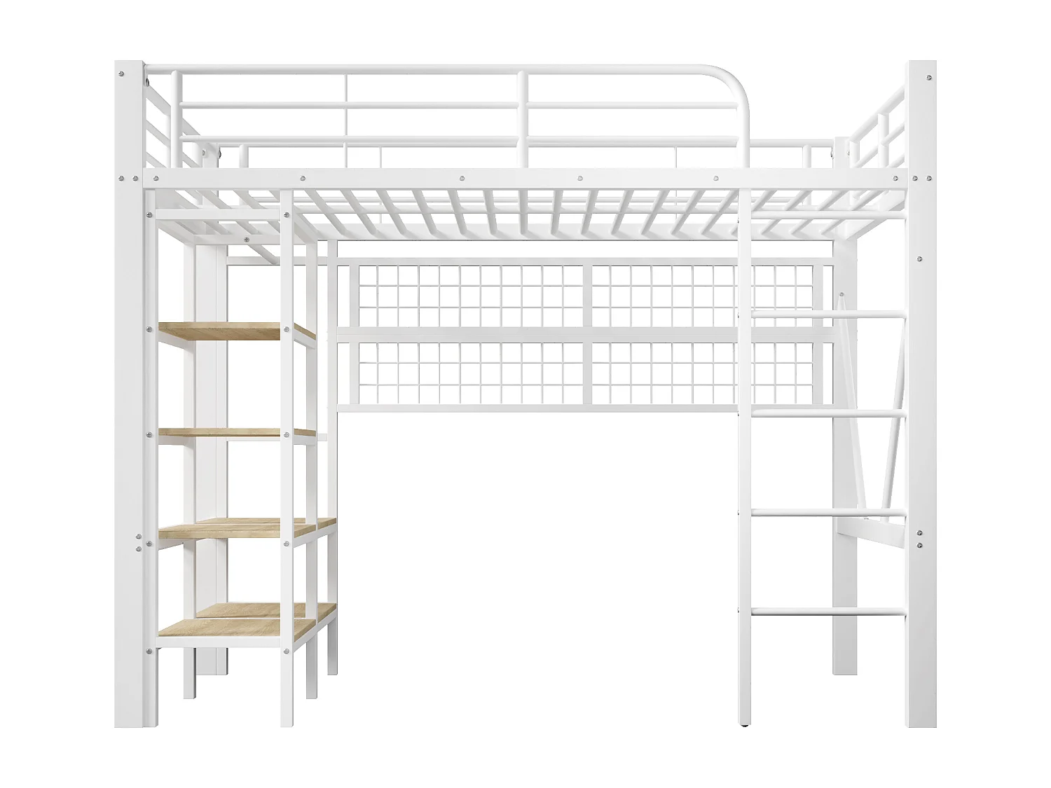 Lit mezzanine 90x200 cm - Structure en fer - avec compartiments de rangement - avec éclairage LED - Blanc (matelas non inclus)