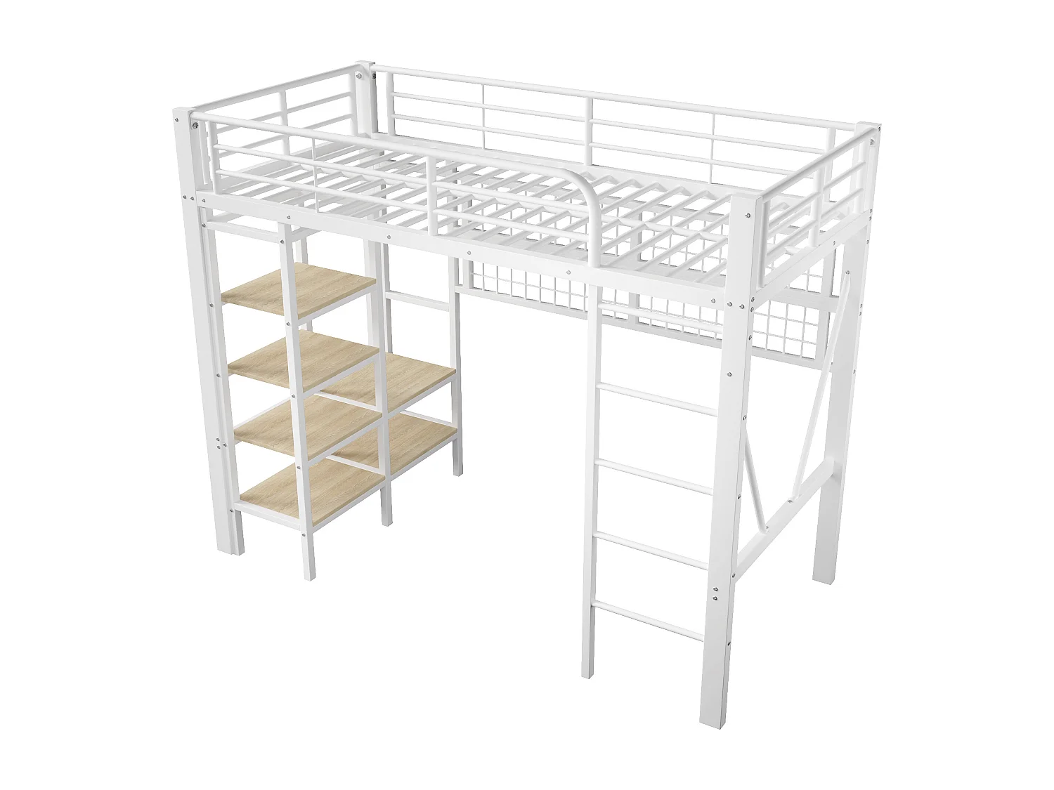 Lit mezzanine 90x200 cm - Structure en fer - avec compartiments de rangement - avec éclairage LED - Blanc (matelas non inclus)