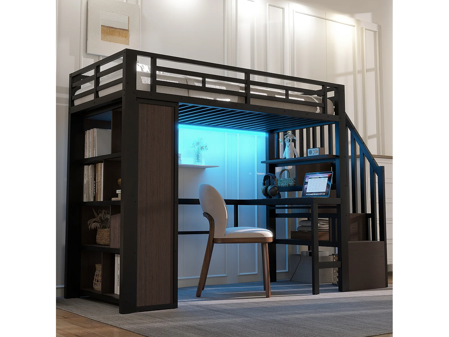 Lit mezzanine 90x200 cm - avec bureau + compartiments de rangement - avec bande lumineuse LED - avec escalier - Noir (matelas non inclus)