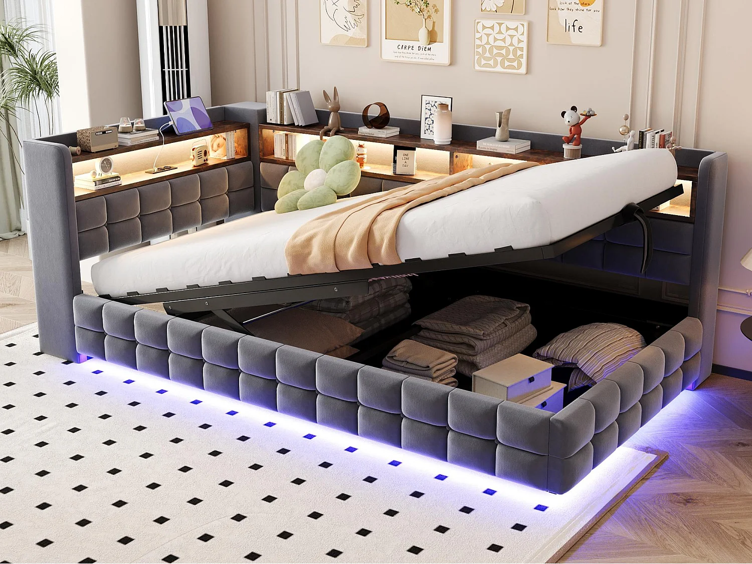 Canapé-lit coffre capitonné 90x200 cm - avec lumière LED - avec prise électrique + port USB + port de charge Type-C - Gris foncé (matelas non inclus)