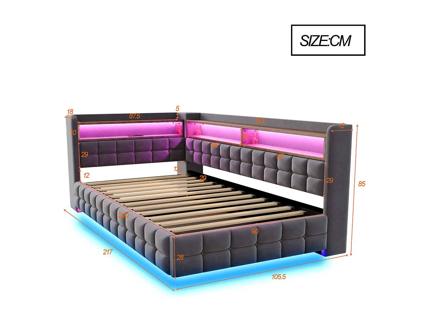 Canapé-lit coffre capitonné 90x200 cm - avec lumière LED - avec prise électrique + port USB + port de charge Type-C - Gris foncé (matelas non inclus)
