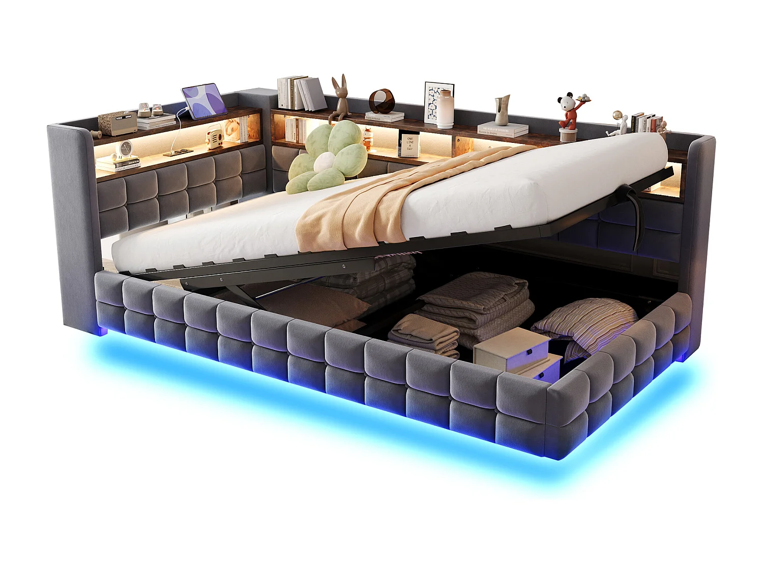 Canapé-lit coffre capitonné 90x200 cm - avec lumière LED - avec prise électrique + port USB + port de charge Type-C - Gris foncé (matelas non inclus)