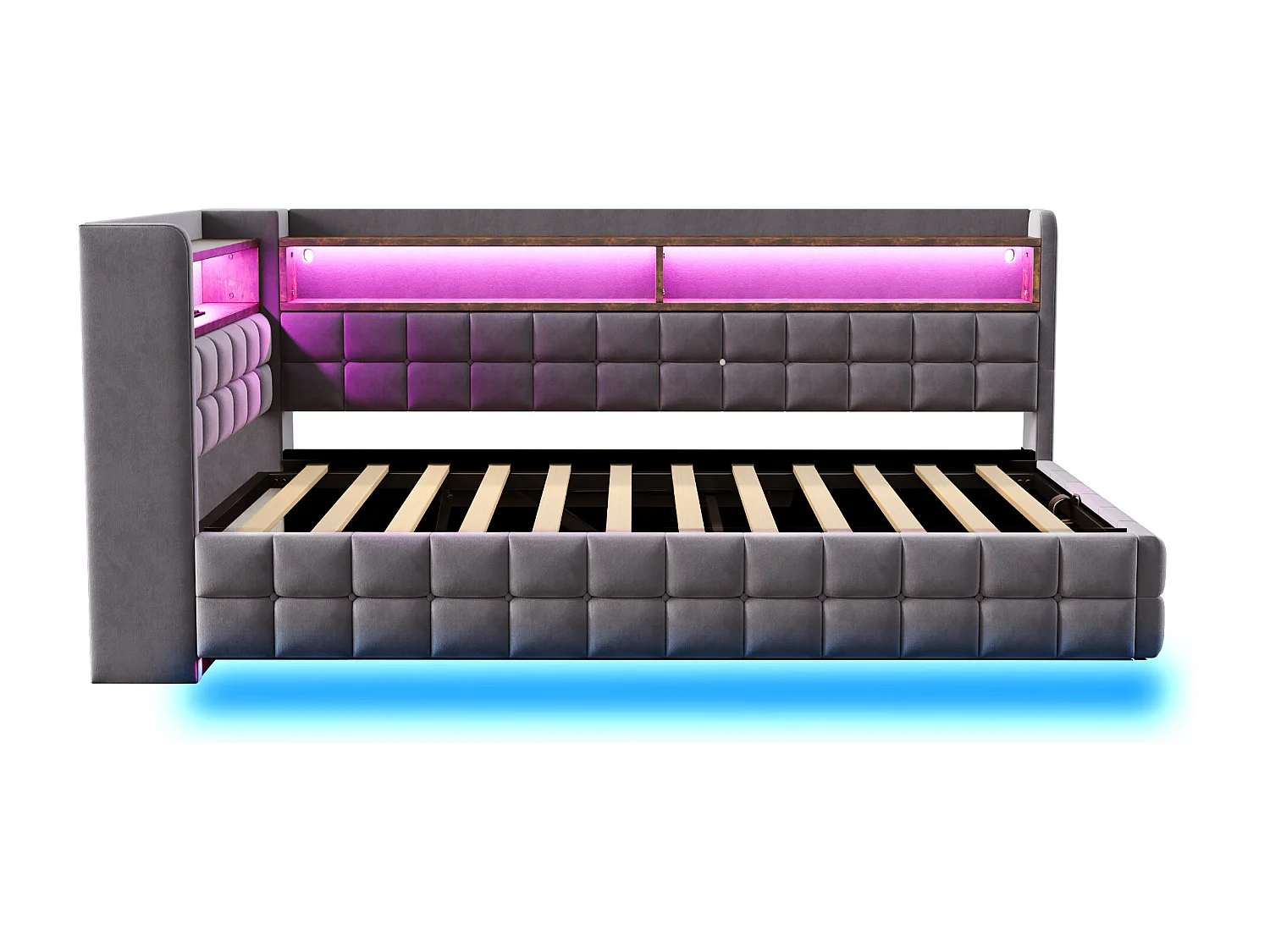 Canapé-lit coffre capitonné 90x200 cm - avec lumière LED - avec prise électrique + port USB + port de charge Type-C - Gris foncé (matelas non inclus)
