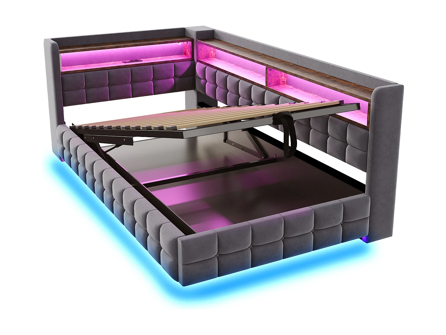 Canapé-lit coffre capitonné 90x200 cm - avec lumière LED - avec prise électrique + port USB + port de charge Type-C - Gris foncé (matelas non inclus)