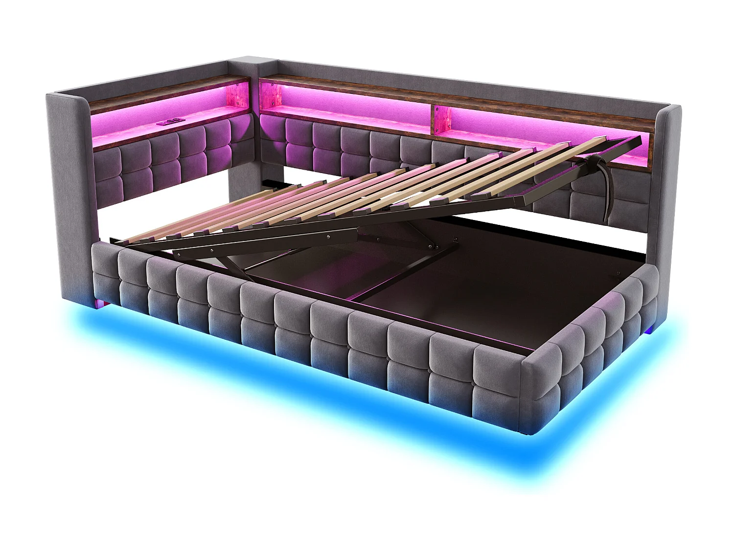 Canapé-lit coffre capitonné 90x200 cm - avec lumière LED - avec prise électrique + port USB + port de charge Type-C - Gris foncé (matelas non inclus)