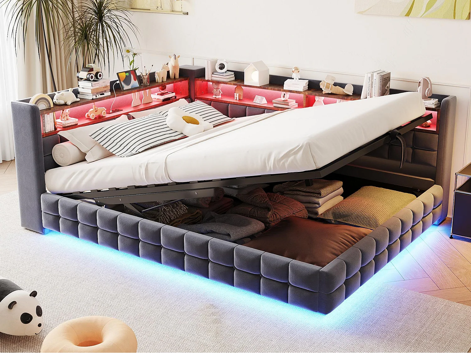 Gestoffeerde slaapbank met opbergruimte 140x200 cm - met LED-licht - met stopcontact + USB-poort + Type-C oplaadpoort - Donkergrijs​ (matras niet inbegrepen)