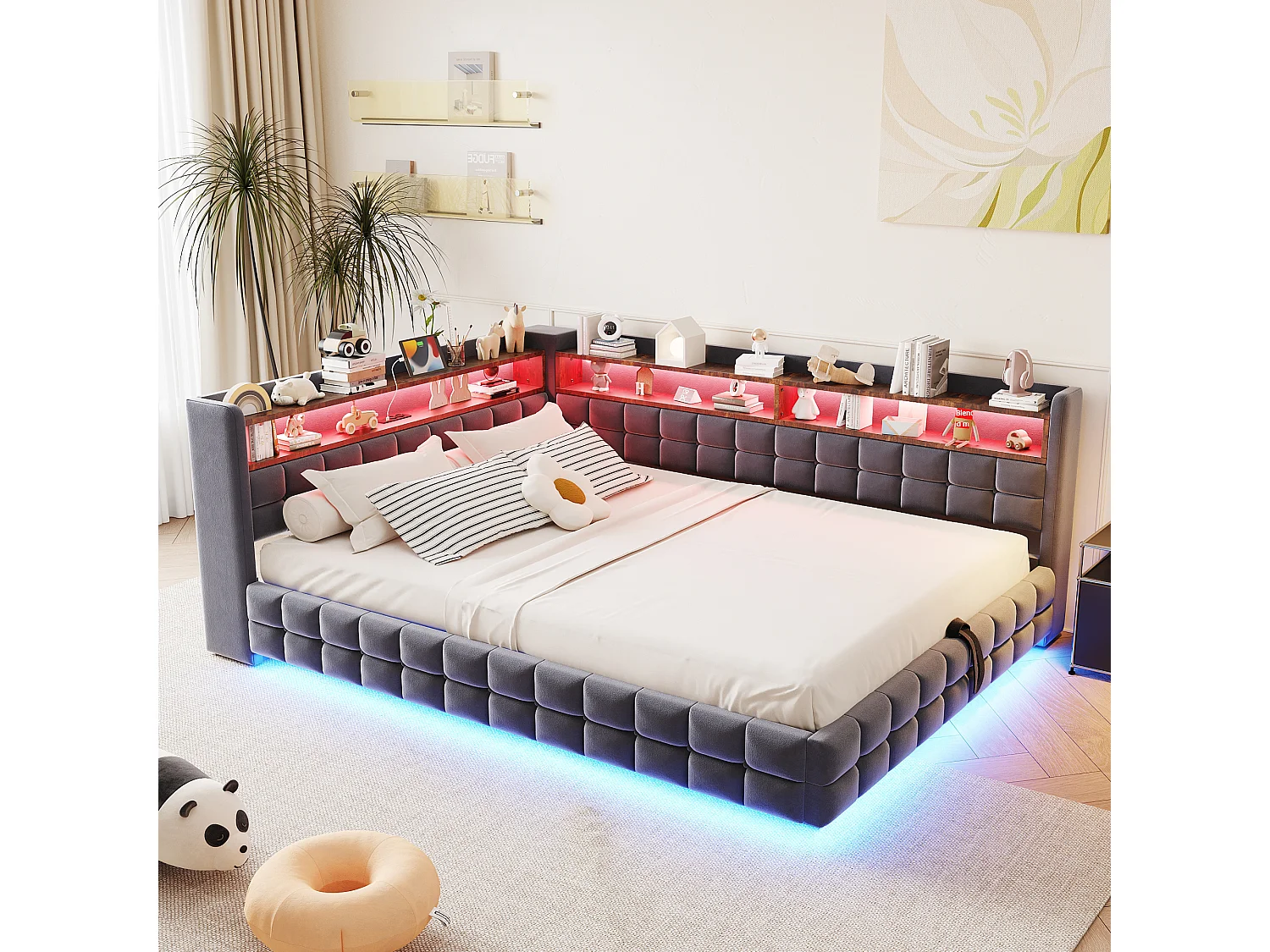 Gestoffeerde slaapbank met opbergruimte 140x200 cm - met LED-licht - met stopcontact + USB-poort + Type-C oplaadpoort - Donkergrijs​ (matras niet inbegrepen)